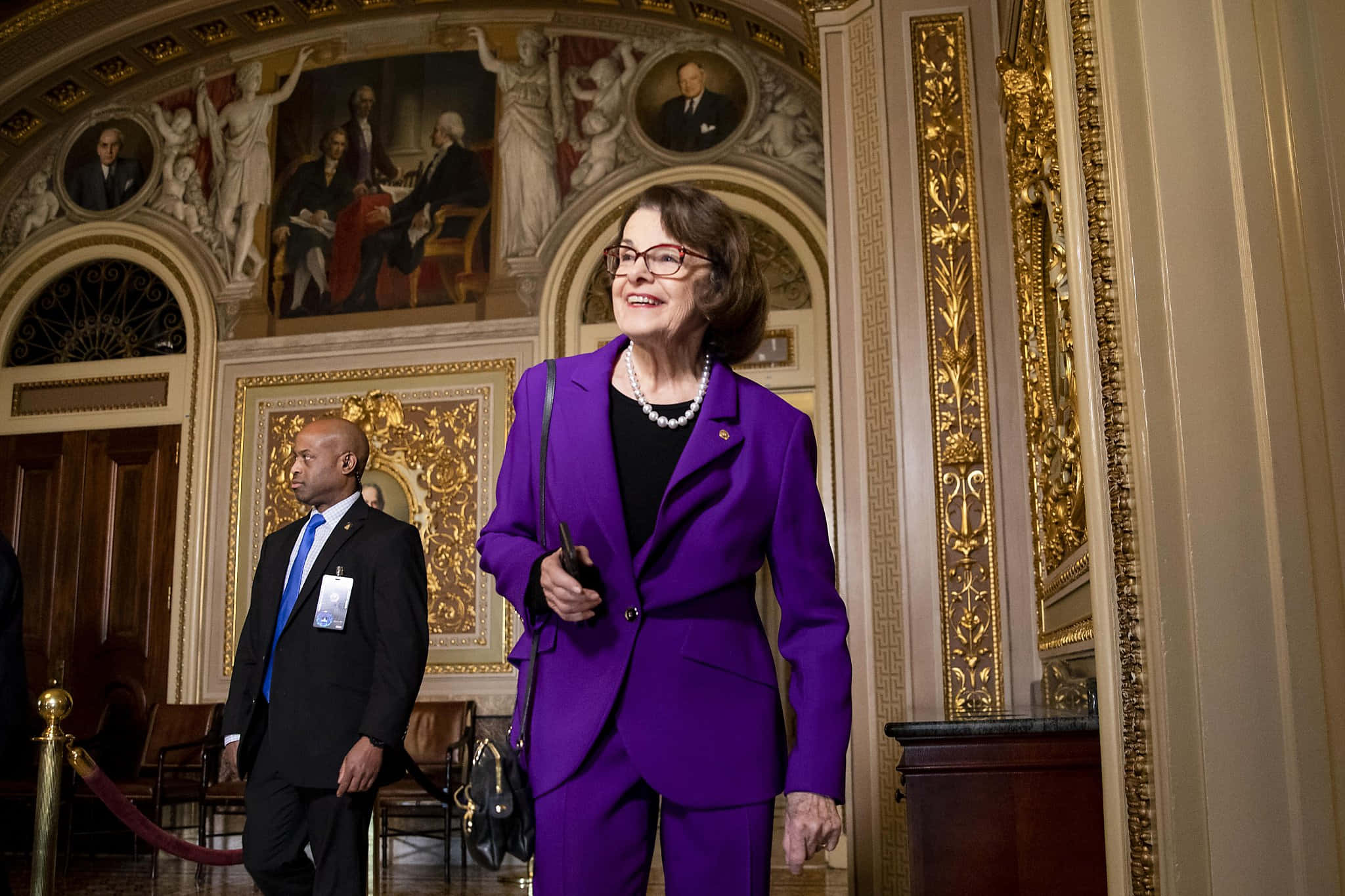 Dianne Feinstein, violet suit, golden hallway, Full HD Desktop Wallpaper