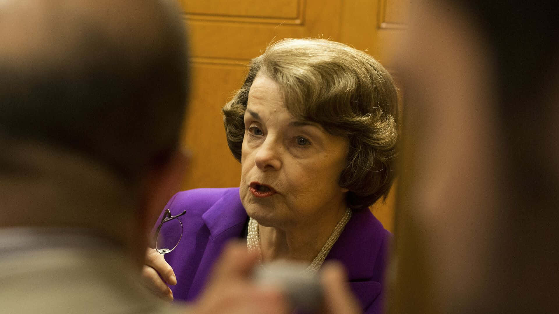 Dianne Feinstein, vibrant purple blazer, formal indoor meeting, Full HD Desktop Wallpaper