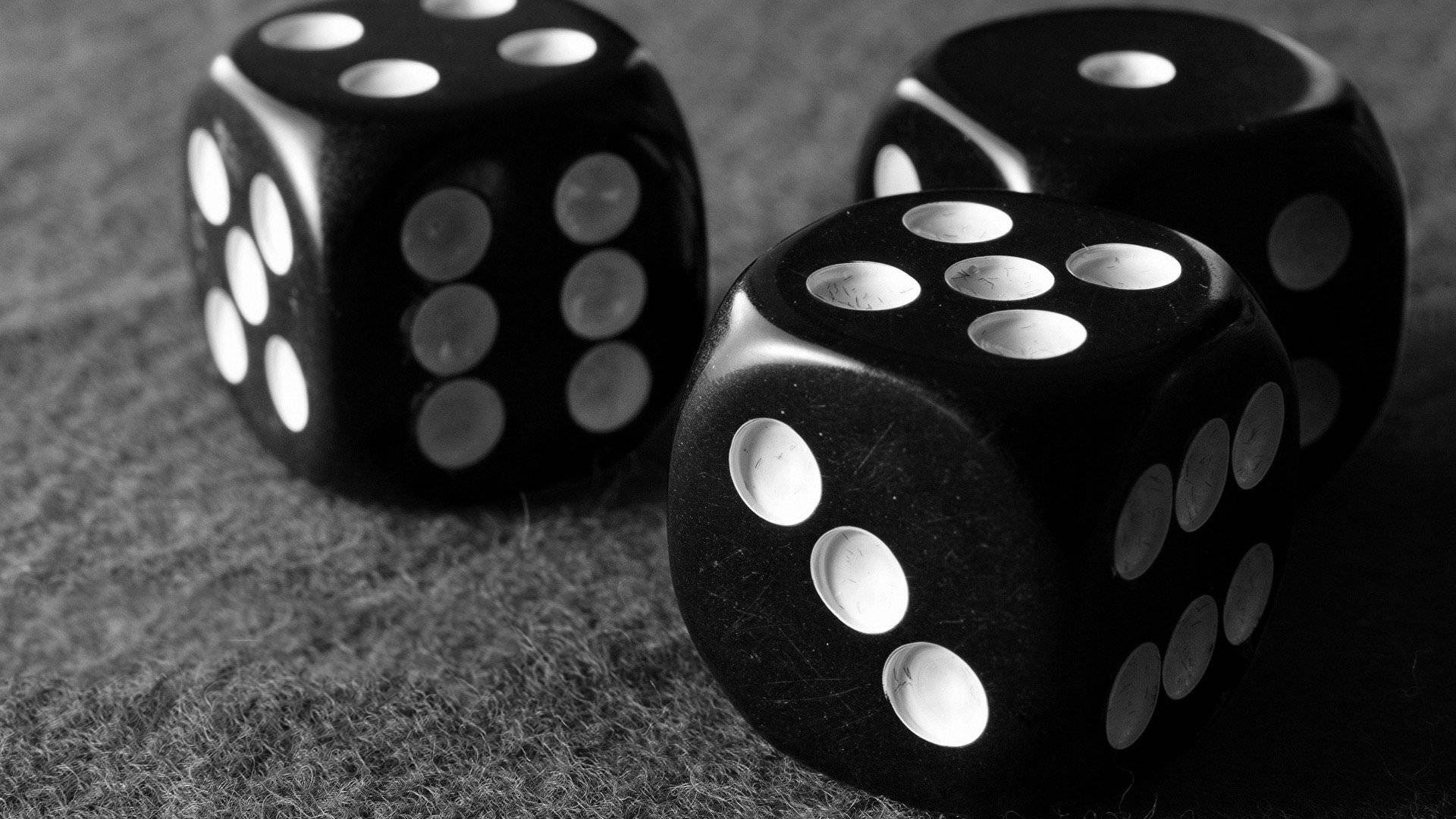 black dice, white pips, textured gray surface, Full HD Desktop Wallpaper