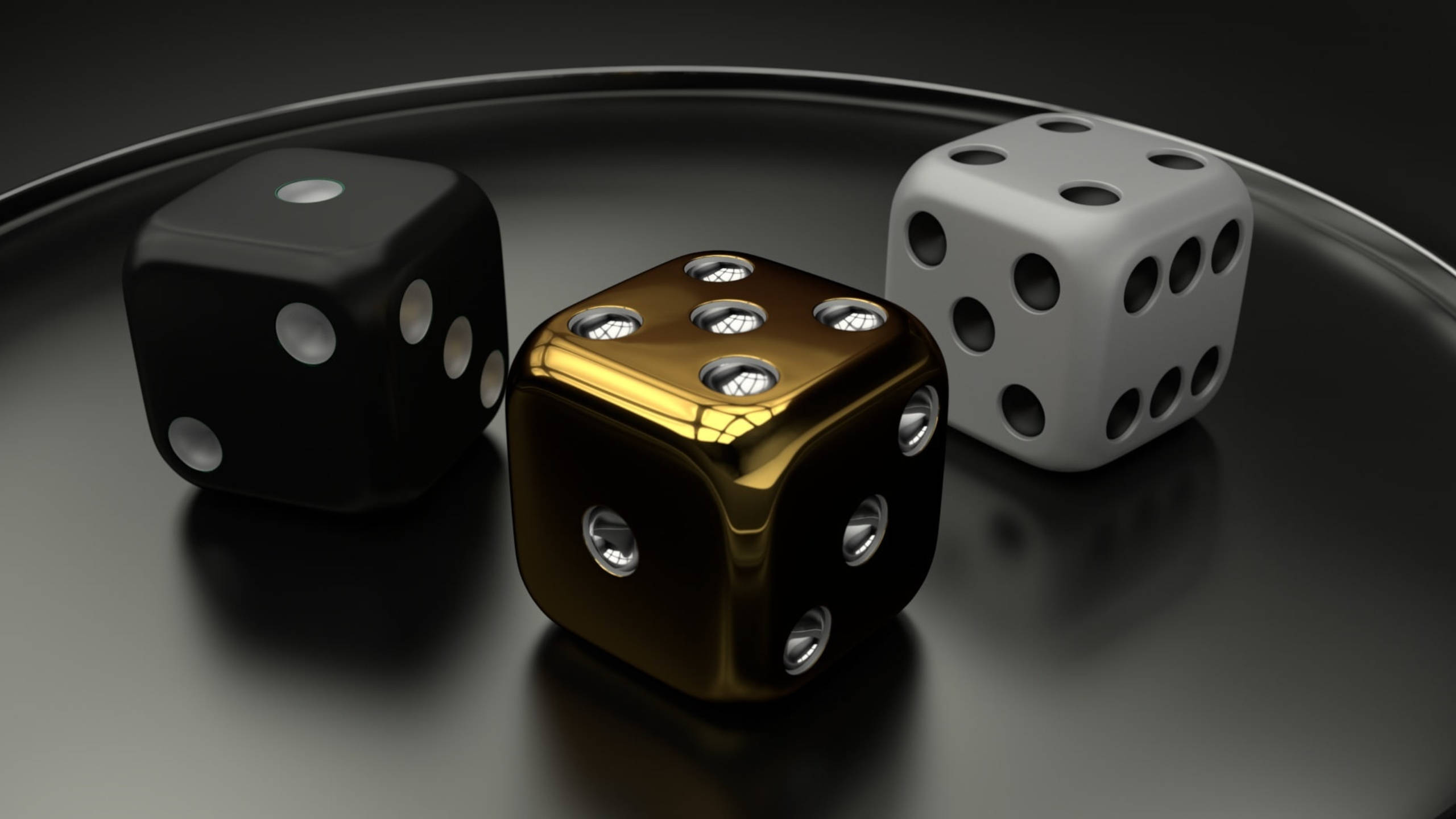 three dices, platonic solids, metallic dice, 2K Desktop Wallpaper