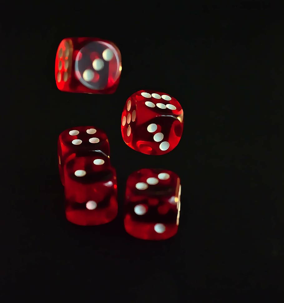 translucent red dice, white dots, stark black background, SD Phone Wallpaper