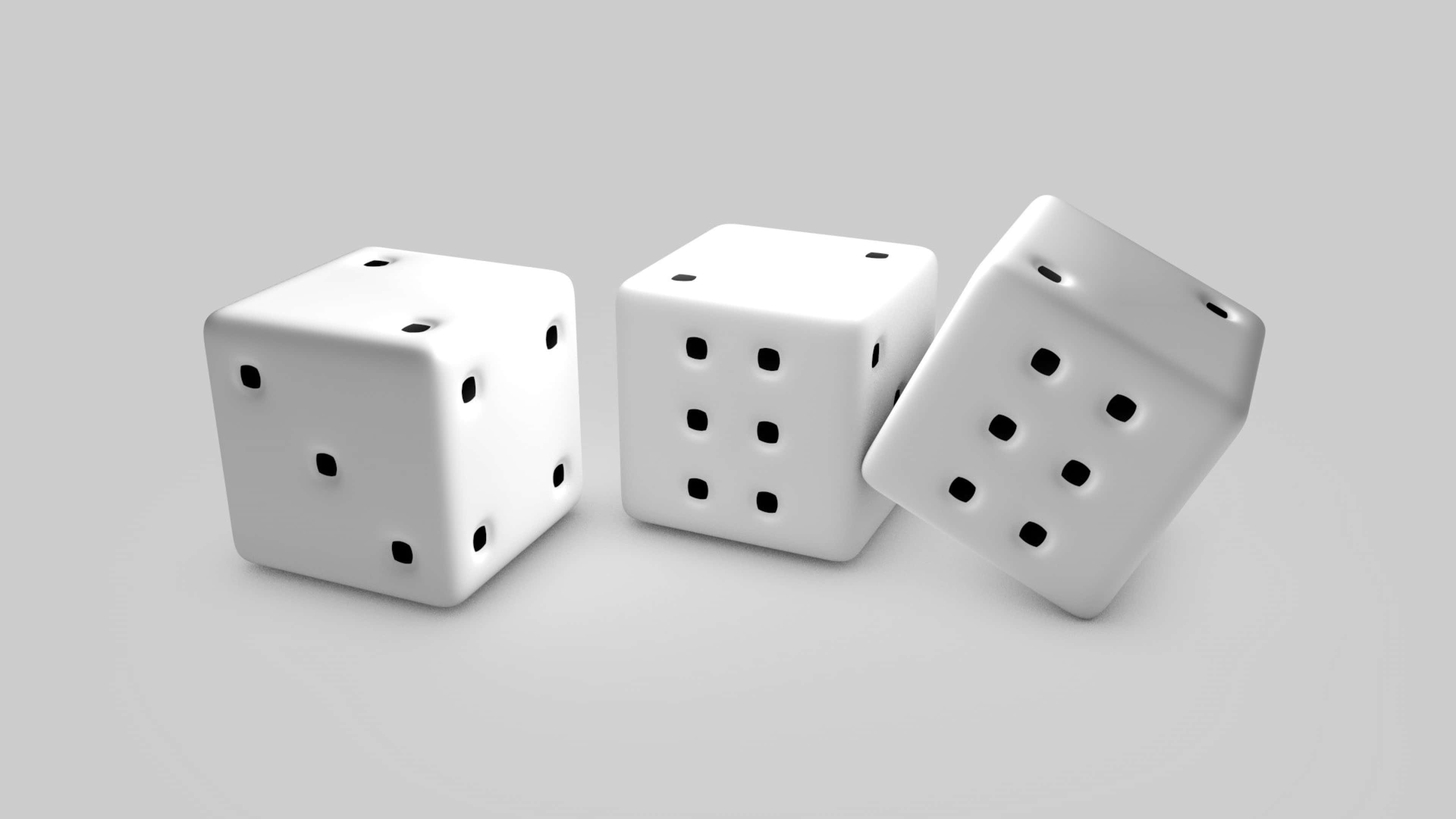 three white dice, black dots, soft gray surface, 4K Desktop Wallpaper