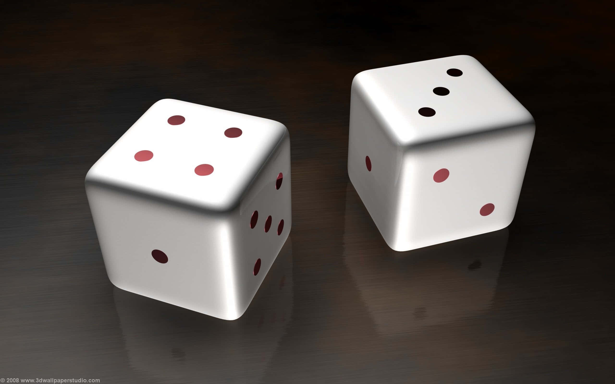 white dice, red dots, dark reflective surface, 2K Desktop Wallpaper