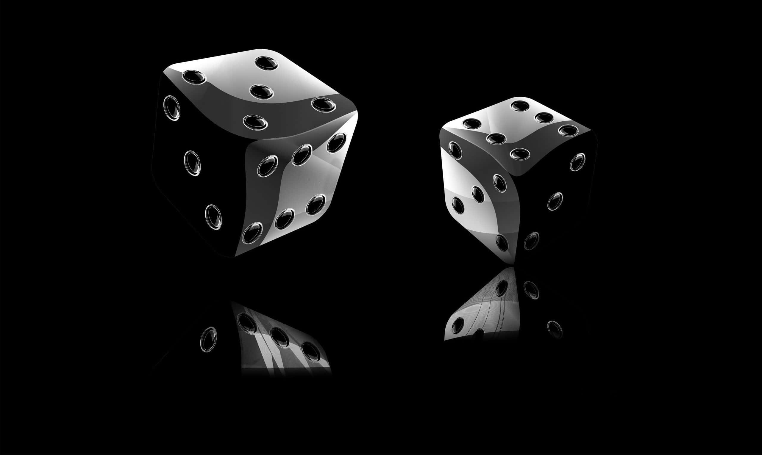 black dice, glossy metallic dice, reflective black surface, 2K Desktop Wallpaper