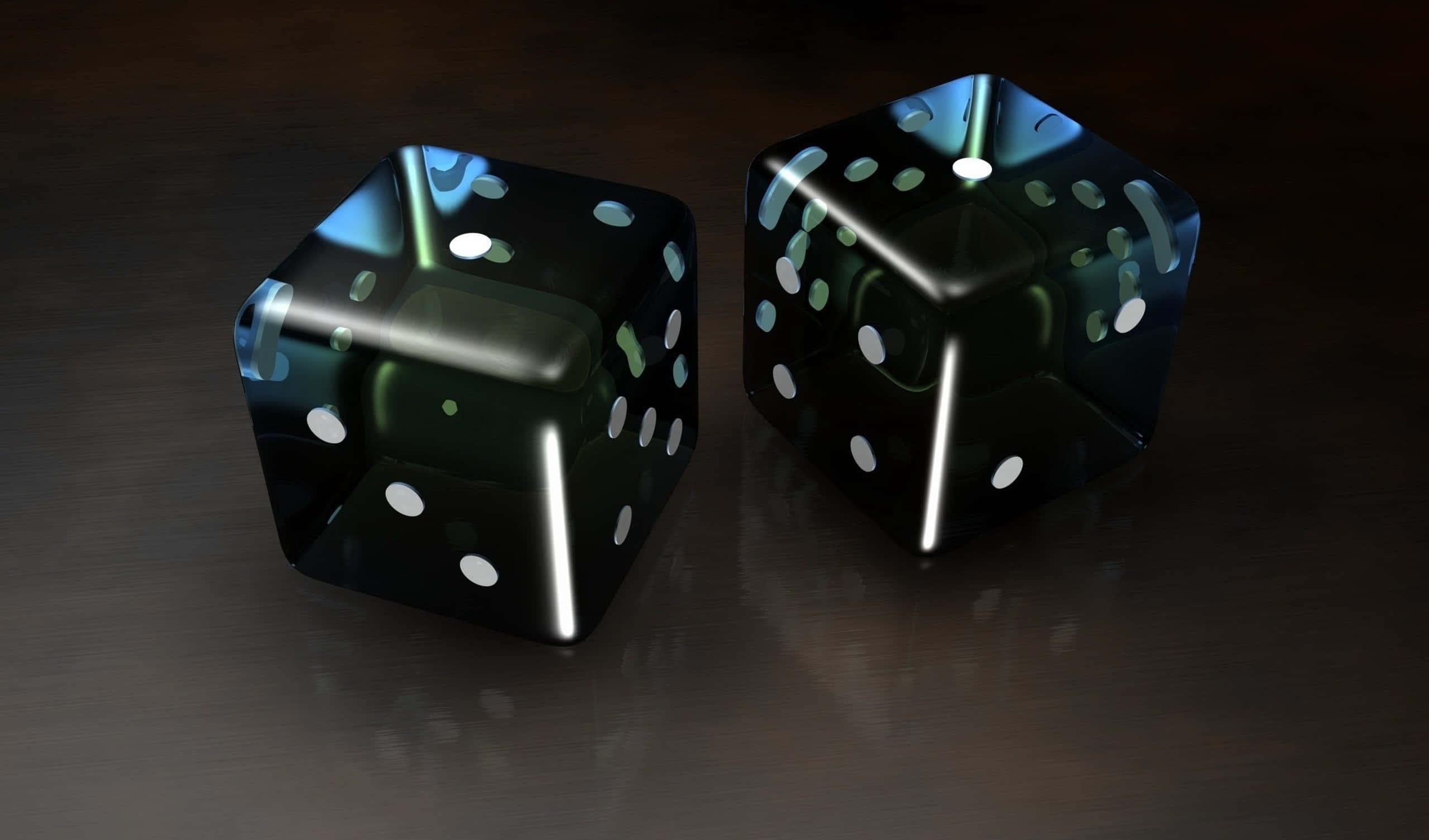 glossy black dice, white dots, dark wooden surface, 2K Desktop Wallpaper