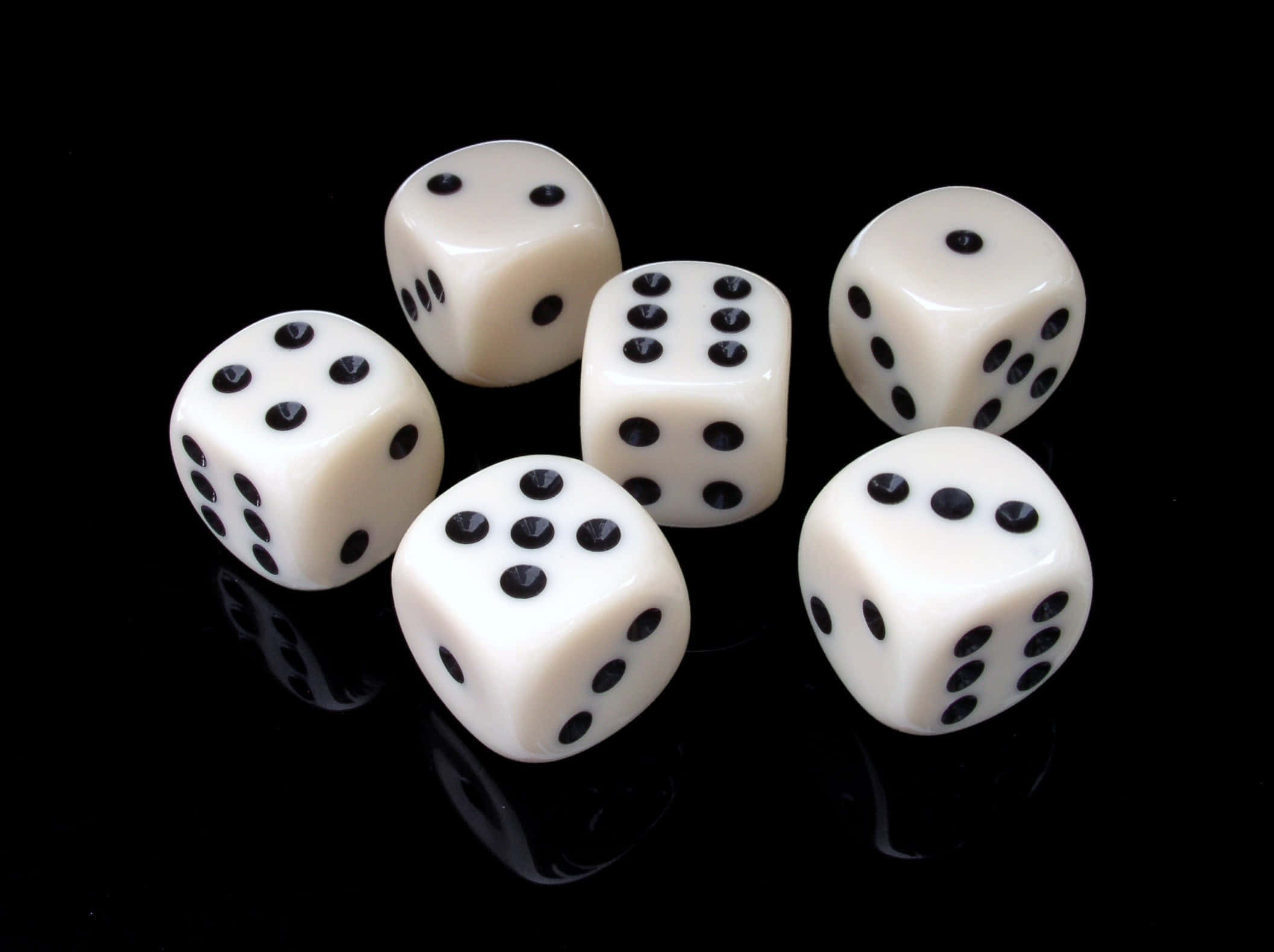 white dice, black dots, reflective black surface, Full HD Desktop Wallpaper