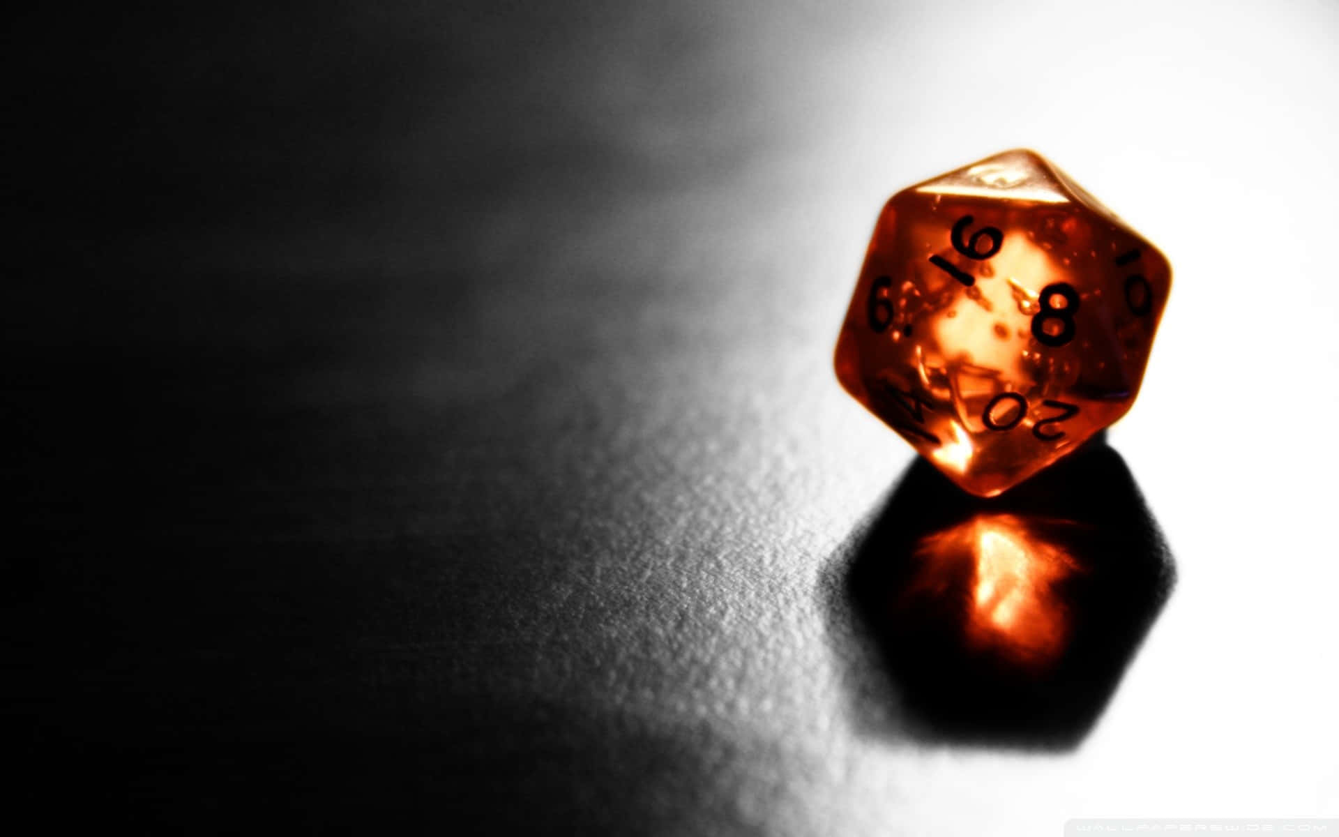 amber dice, translucent amber twenty-sided die, dark reflective surface, Full HD Desktop Wallpaper