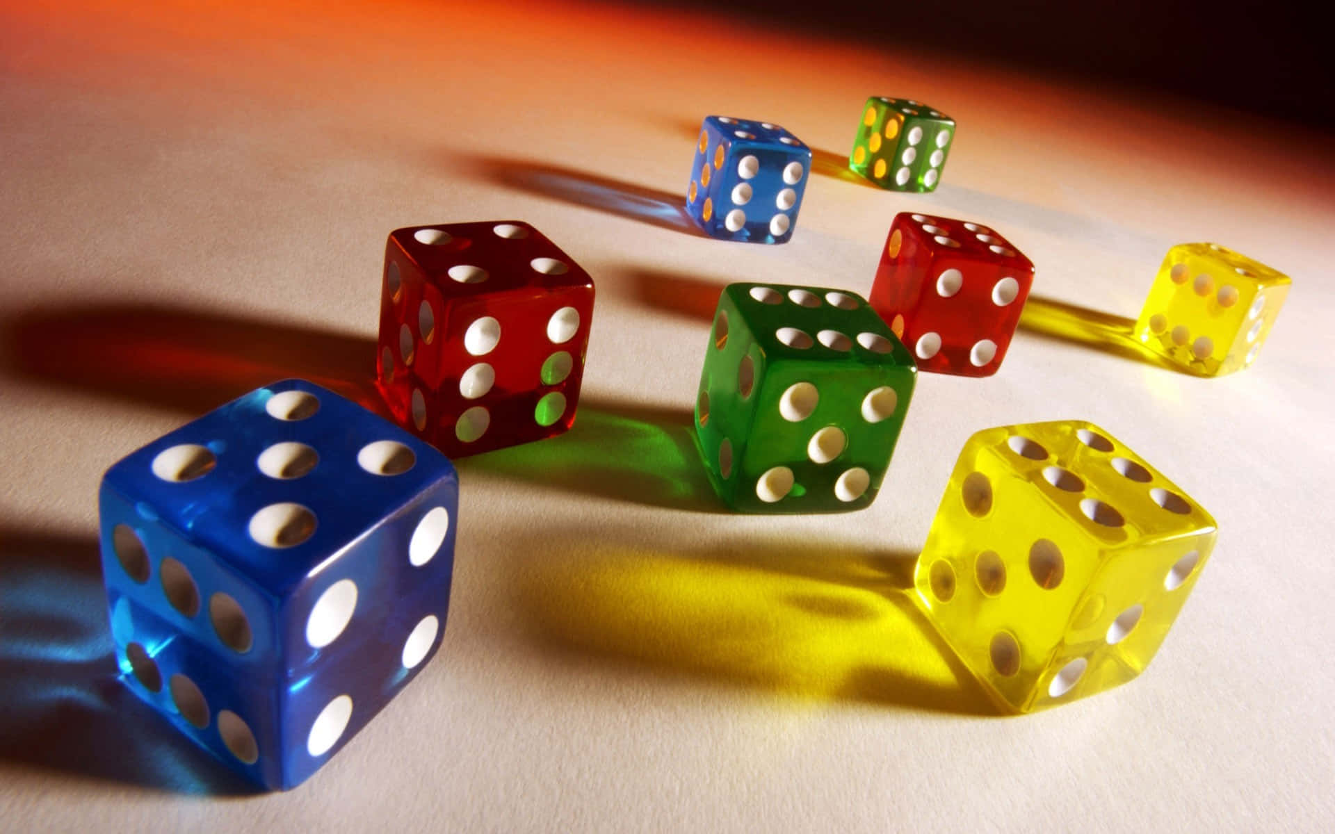 colorful dice, red blue green and yellow, translucent dice, Full HD Desktop Wallpaper