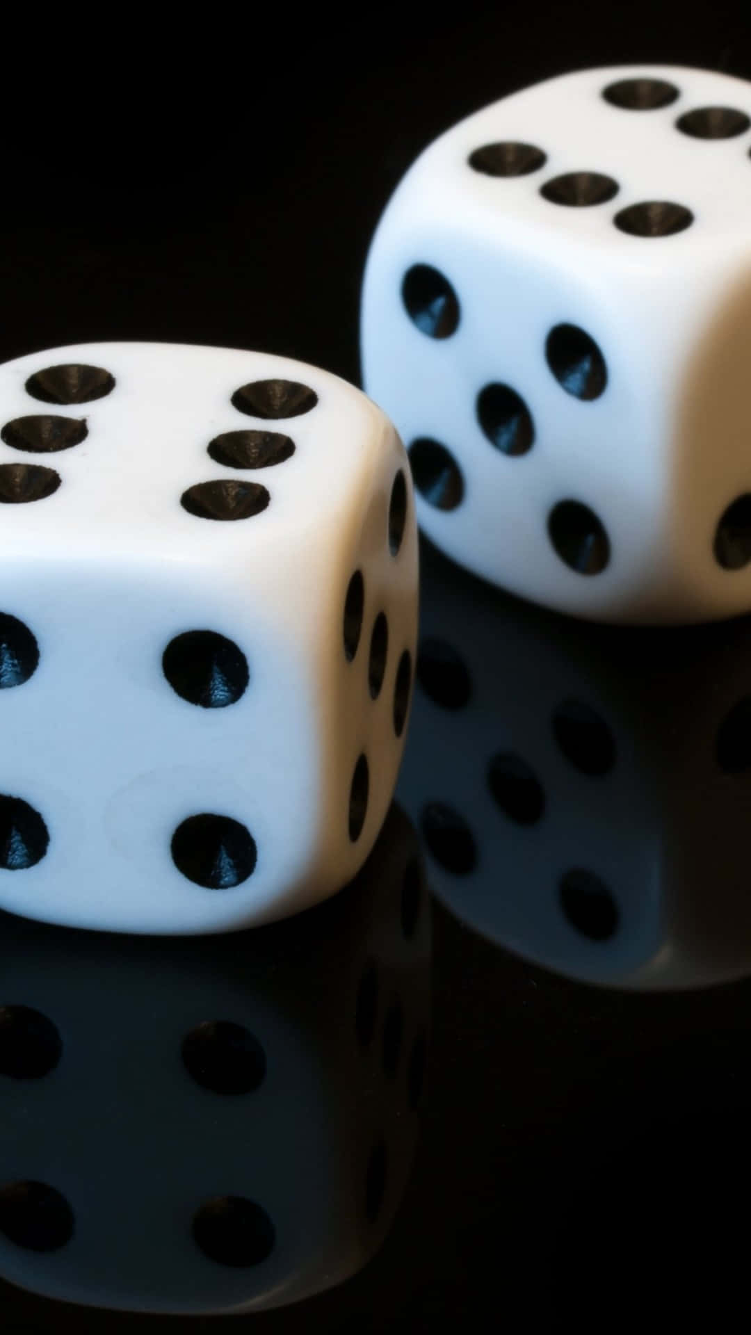 white dice, black dots, glossy black surface, Full HD Phone Wallpaper