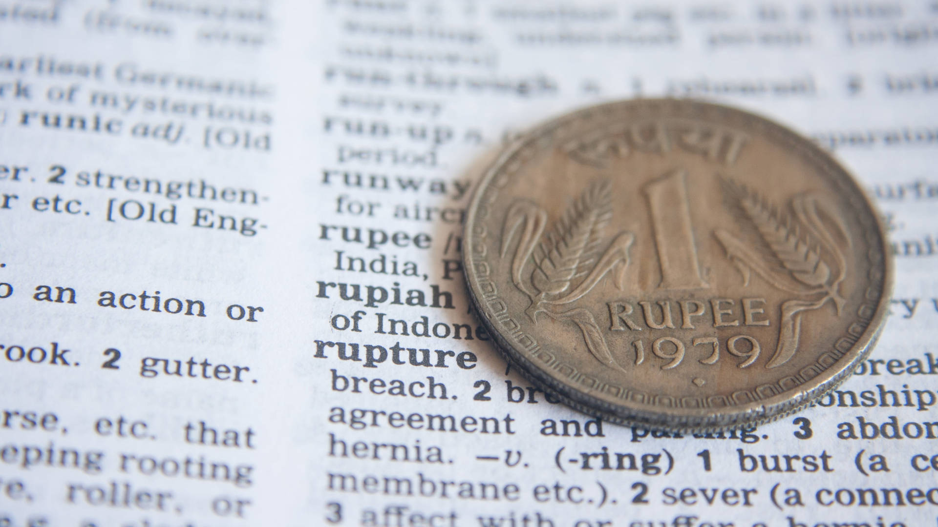 1939 Indian one rupee coin, open dictionary page, definitions, Full HD Desktop Wallpaper