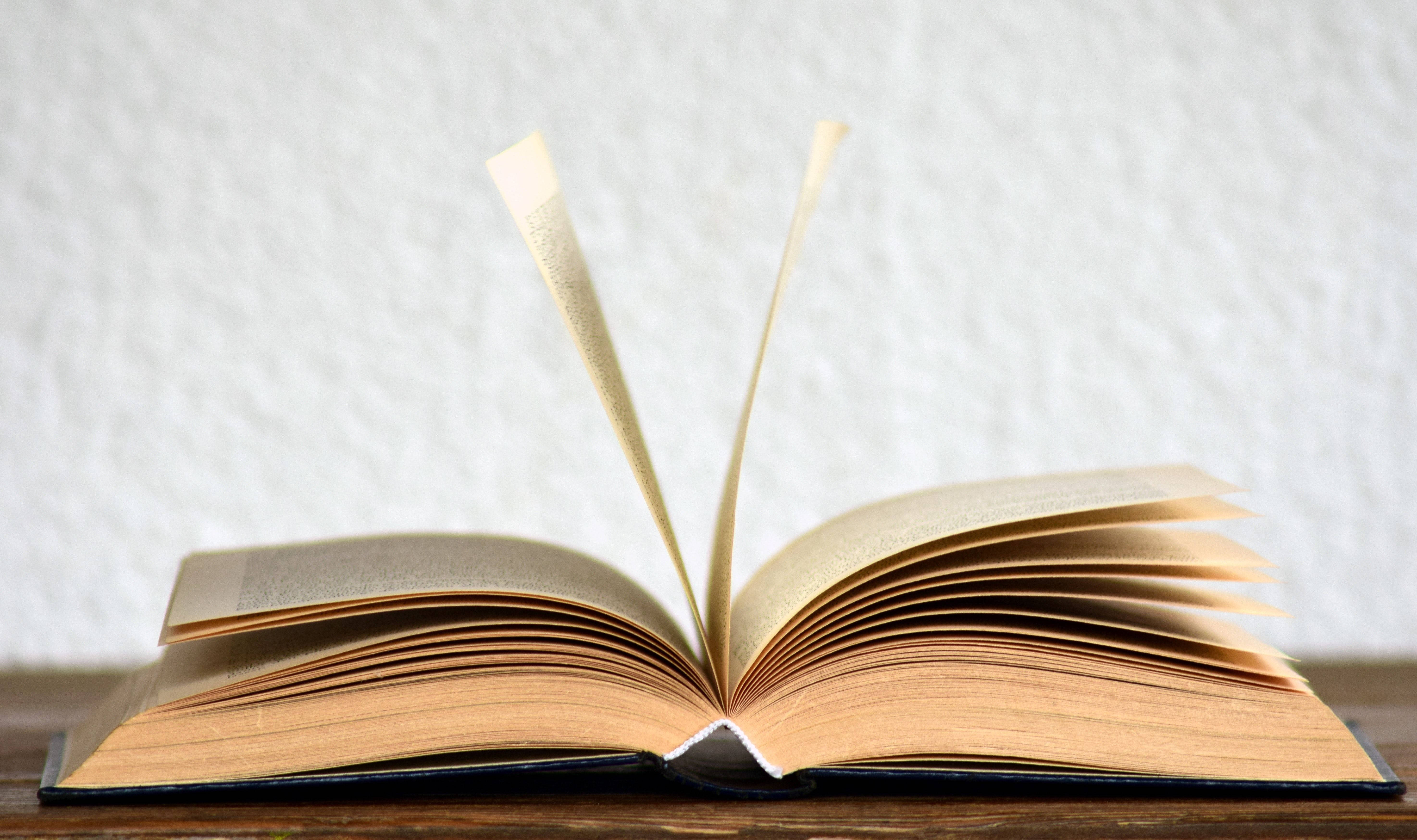 dictionary book, open pages, wooden surface, 5K Desktop Wallpaper