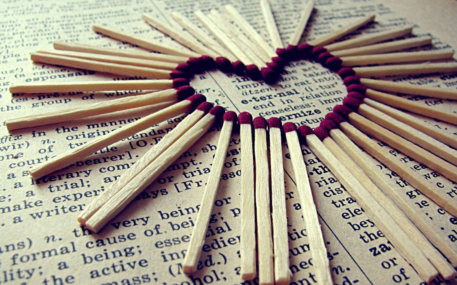 heart made of matchsticks, red matchstick heads, open dictionary page, Full HD Desktop Wallpaper