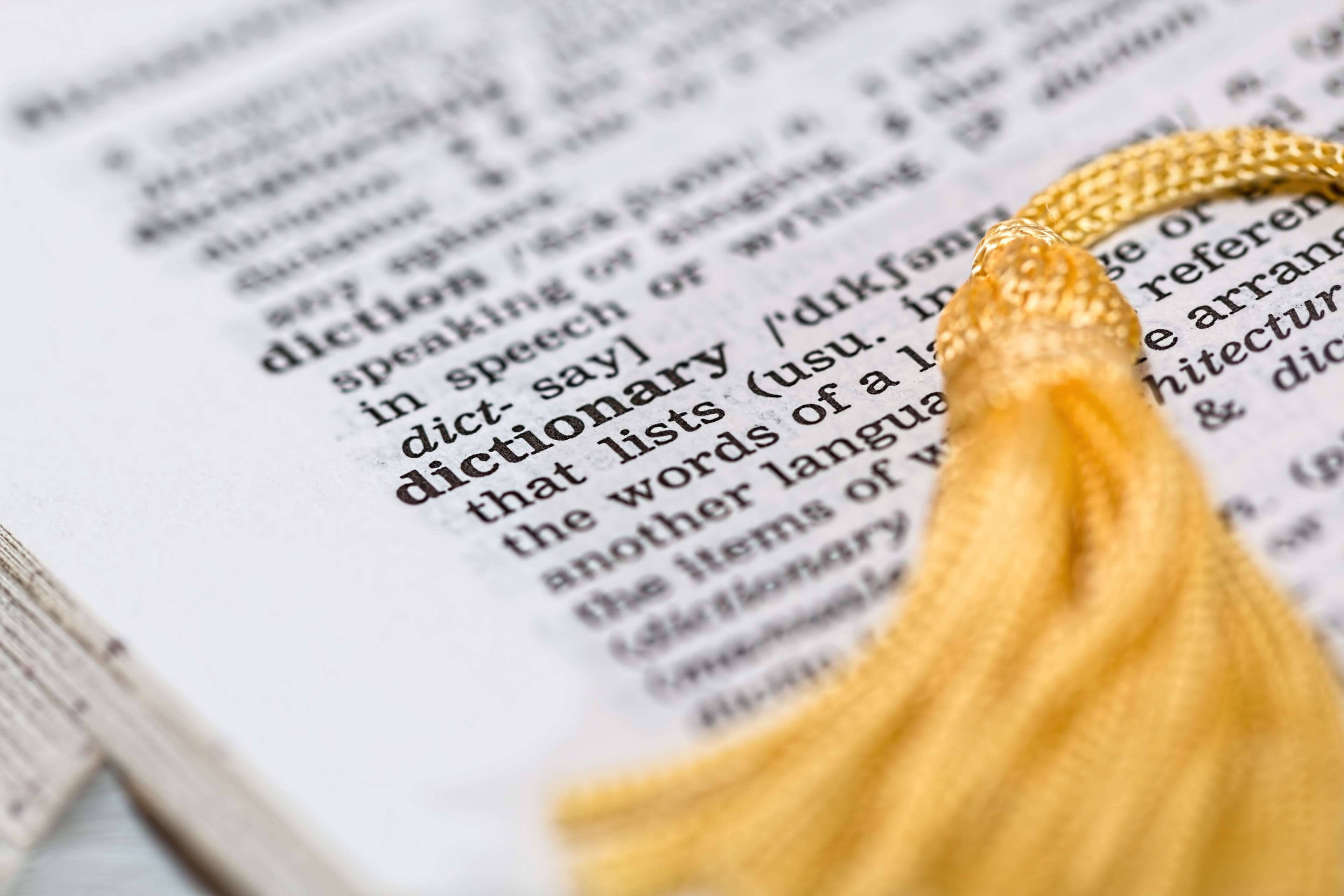 dictionary, golden tassel bookmark, open dictionary page, 4K Desktop Wallpaper