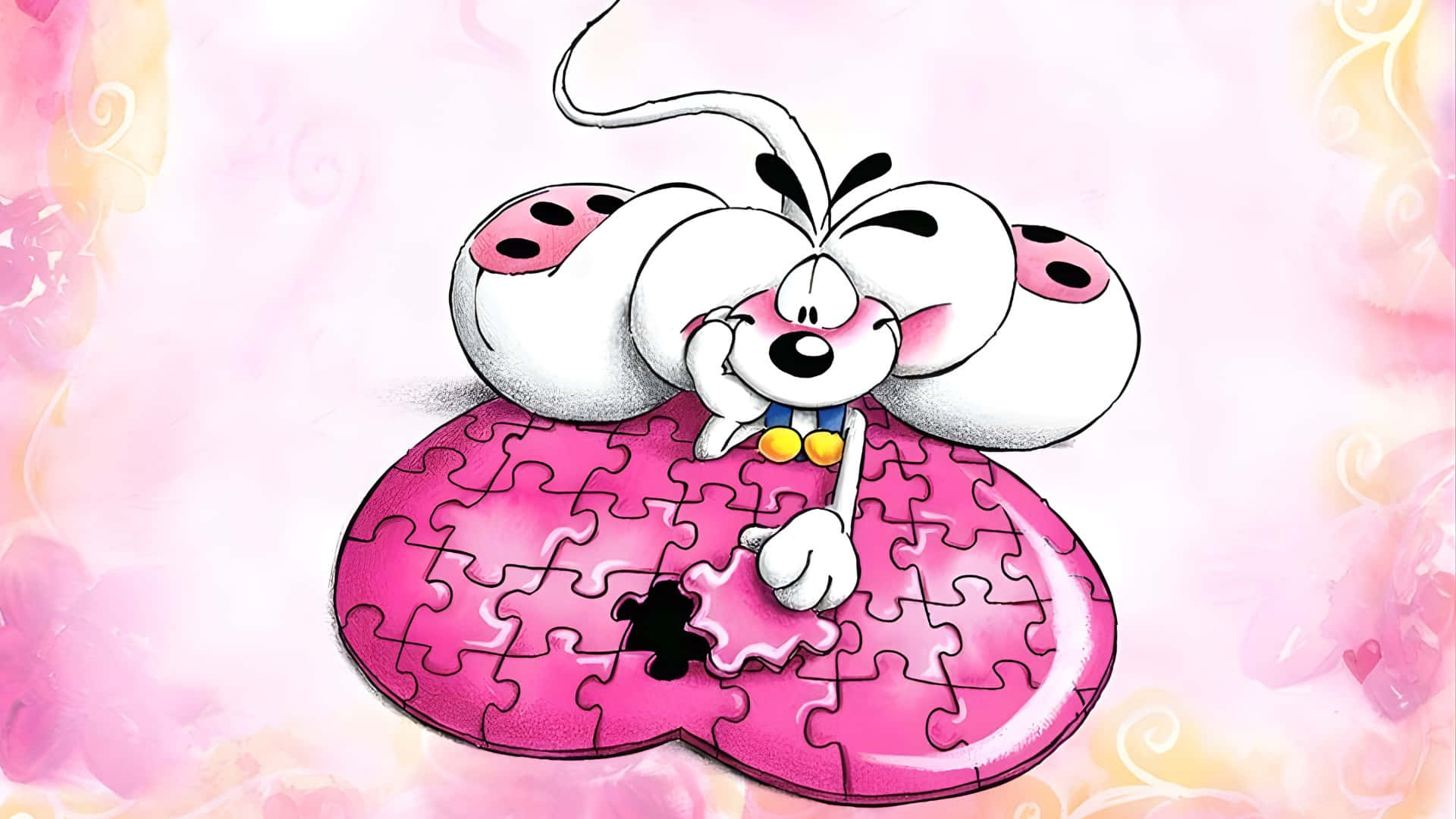 Diddl, puzzle heart, cartoon ladybug, Full HD Desktop Wallpaper