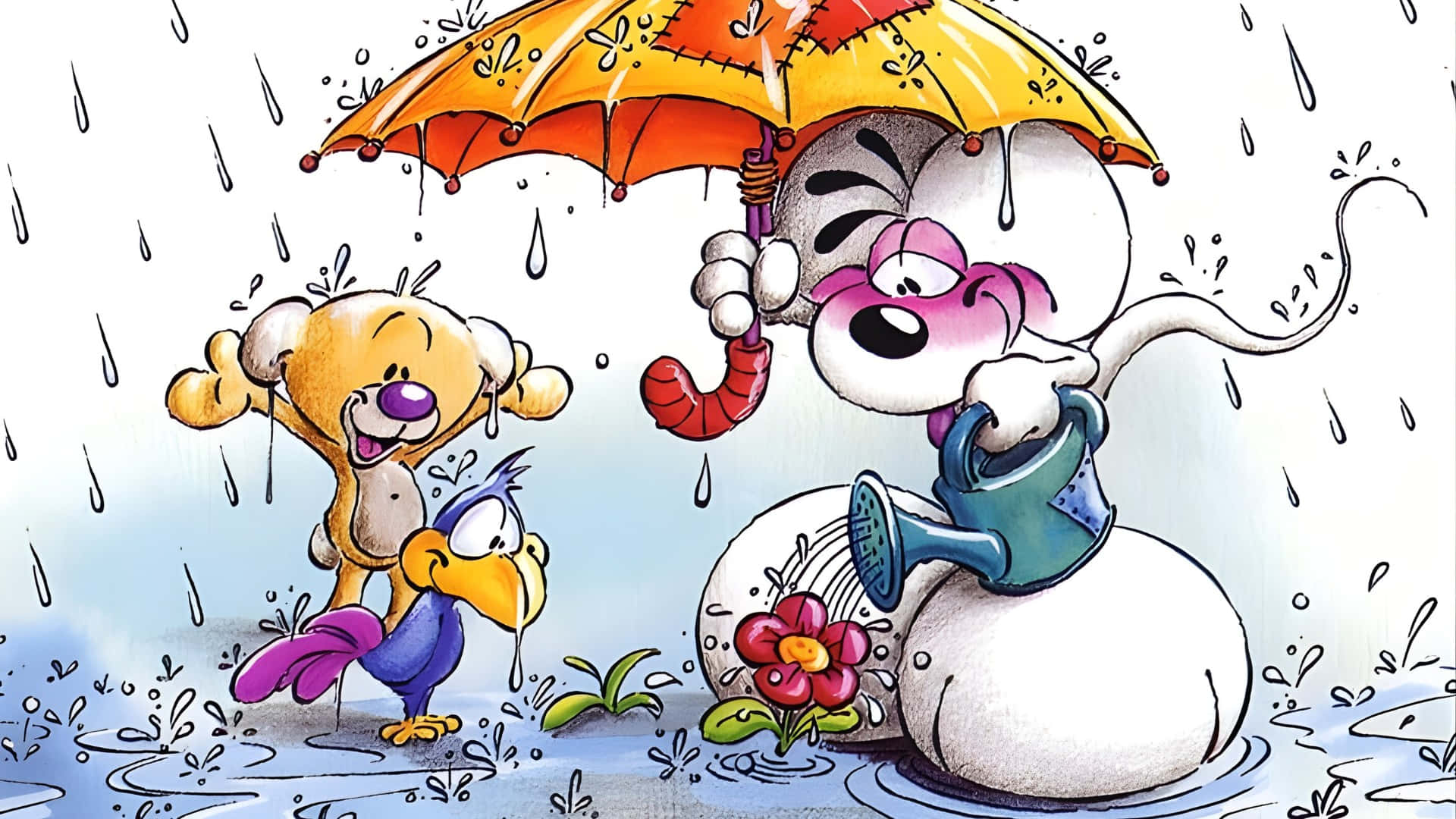 Diddl, orange umbrella, blue watering can, Full HD Desktop Wallpaper