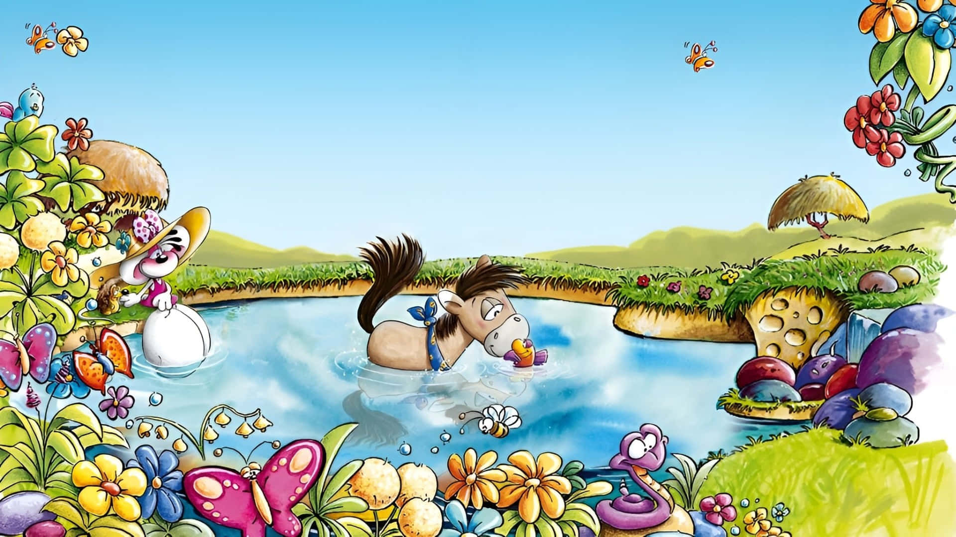 Diddl, blue bow, pond, Full HD Desktop Wallpaper