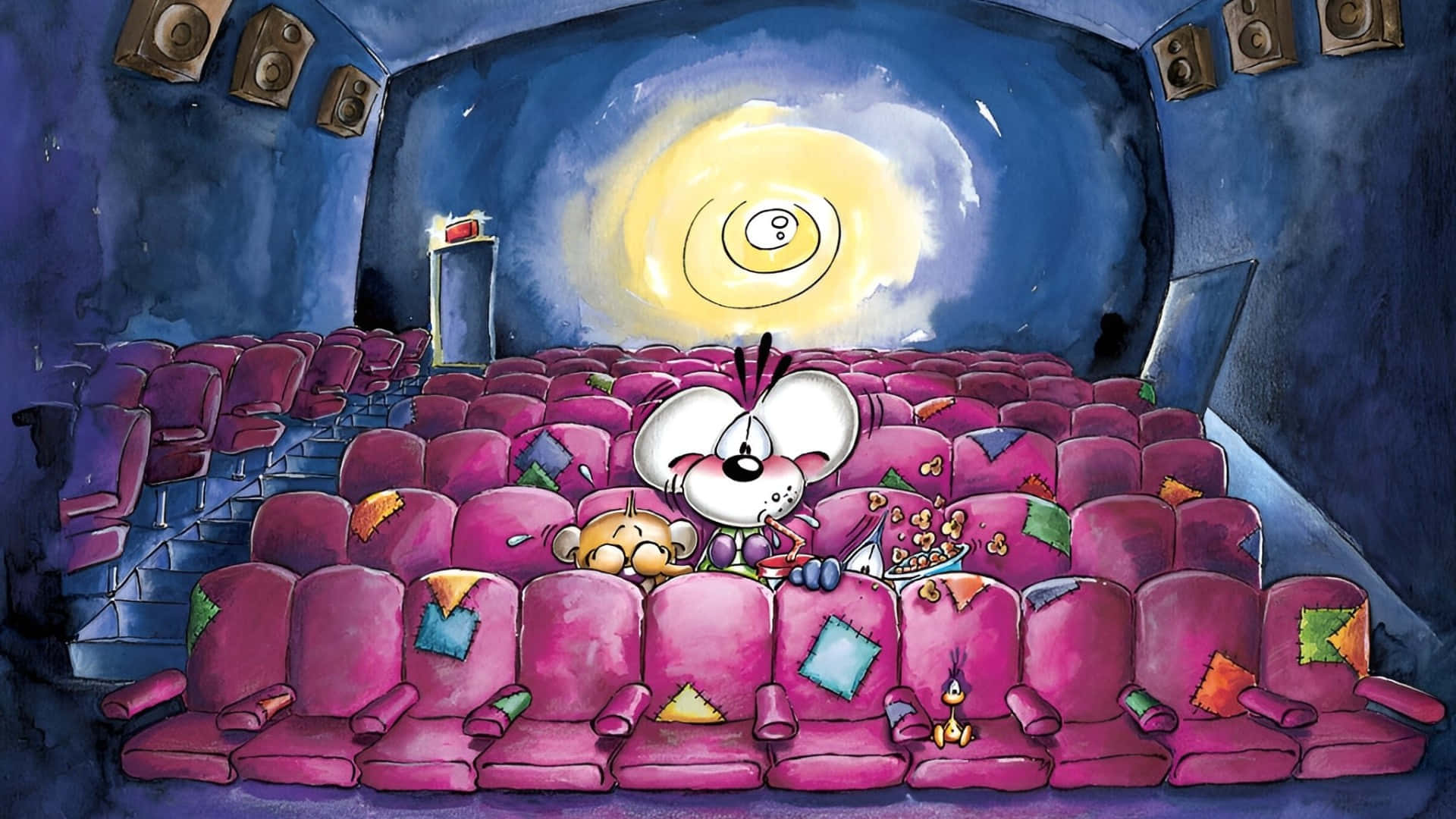 Diddl, movie theater, pink theater, Full HD Desktop Wallpaper