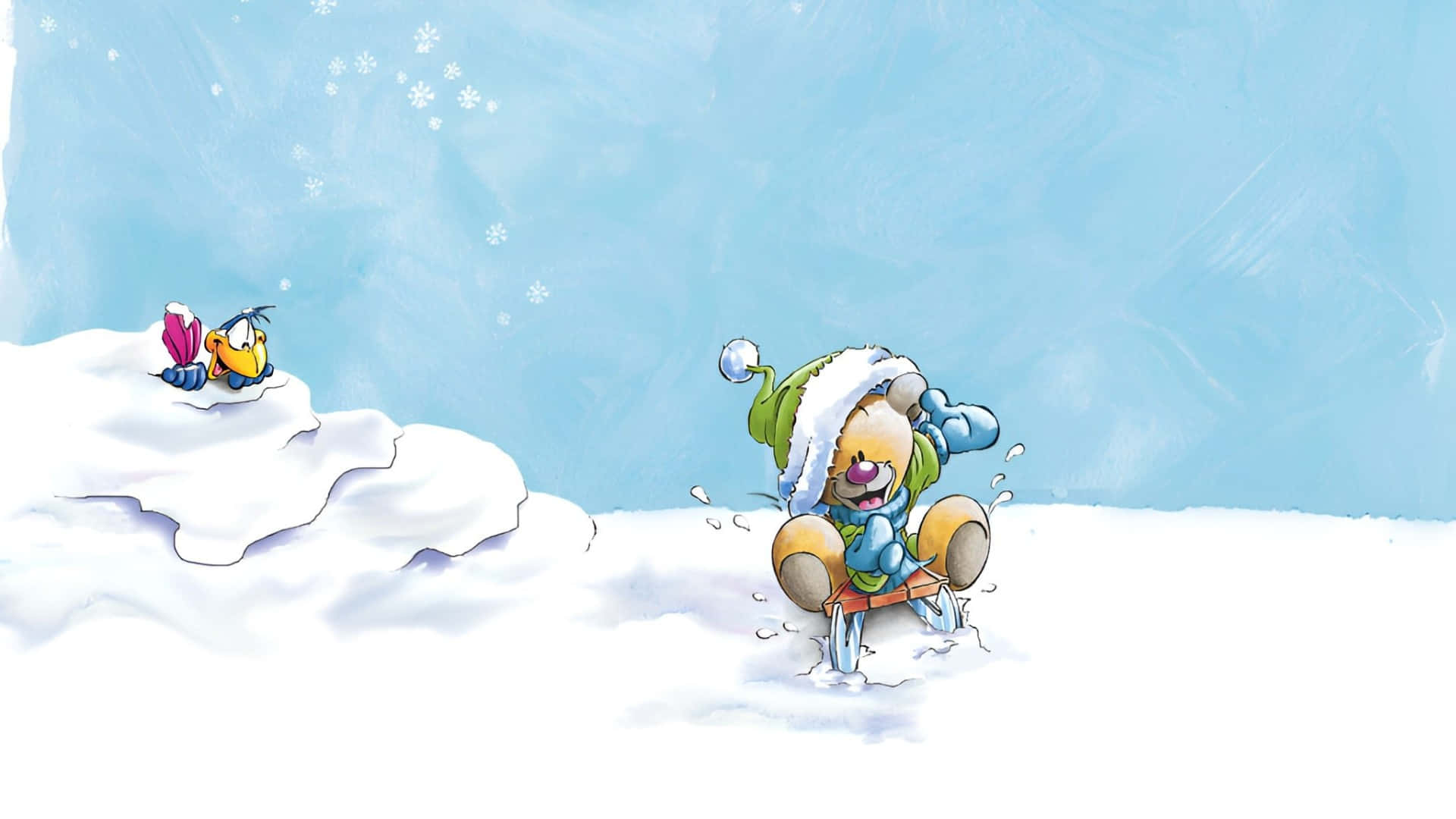 Diddl, Winter Snow Play, cartoon bear, Full HD Desktop Wallpaper