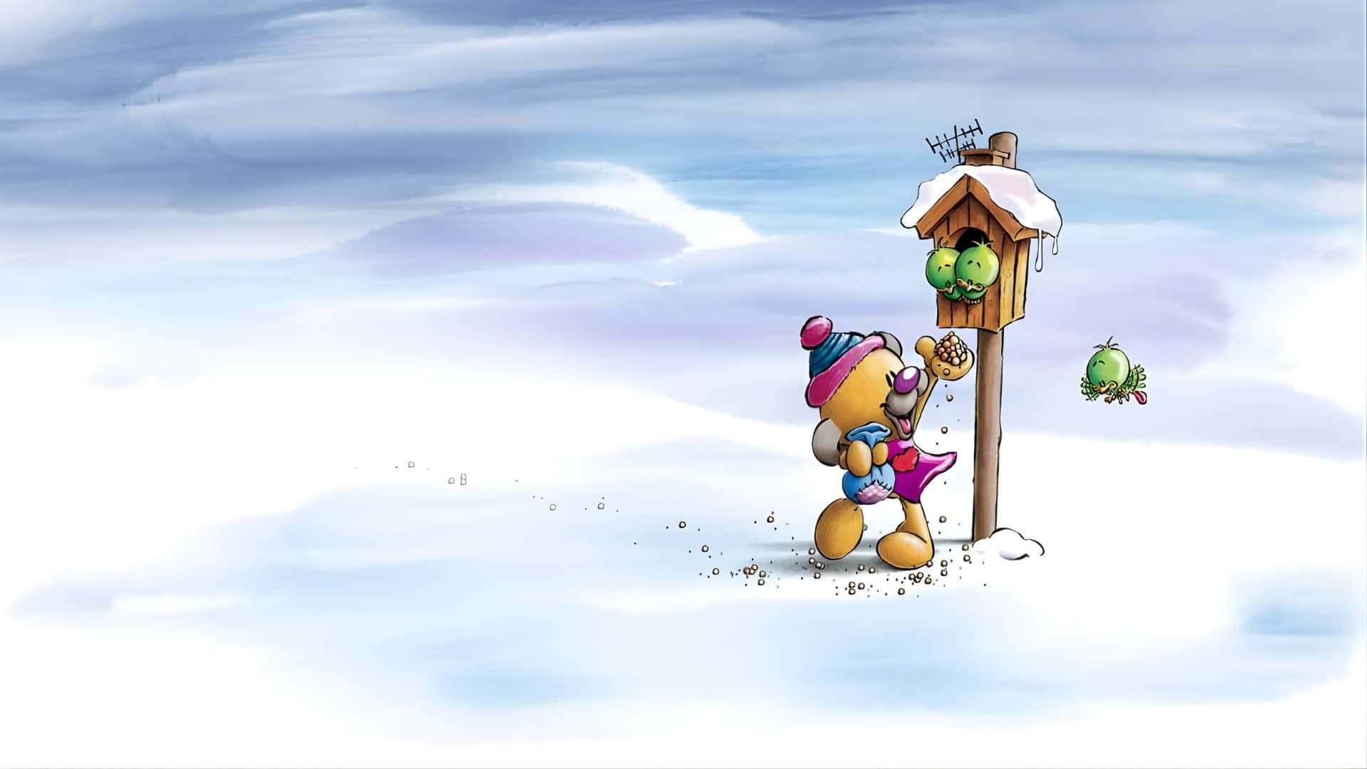 Diddl, winter birdhouse scene, cartoon bear, Full HD Desktop Wallpaper