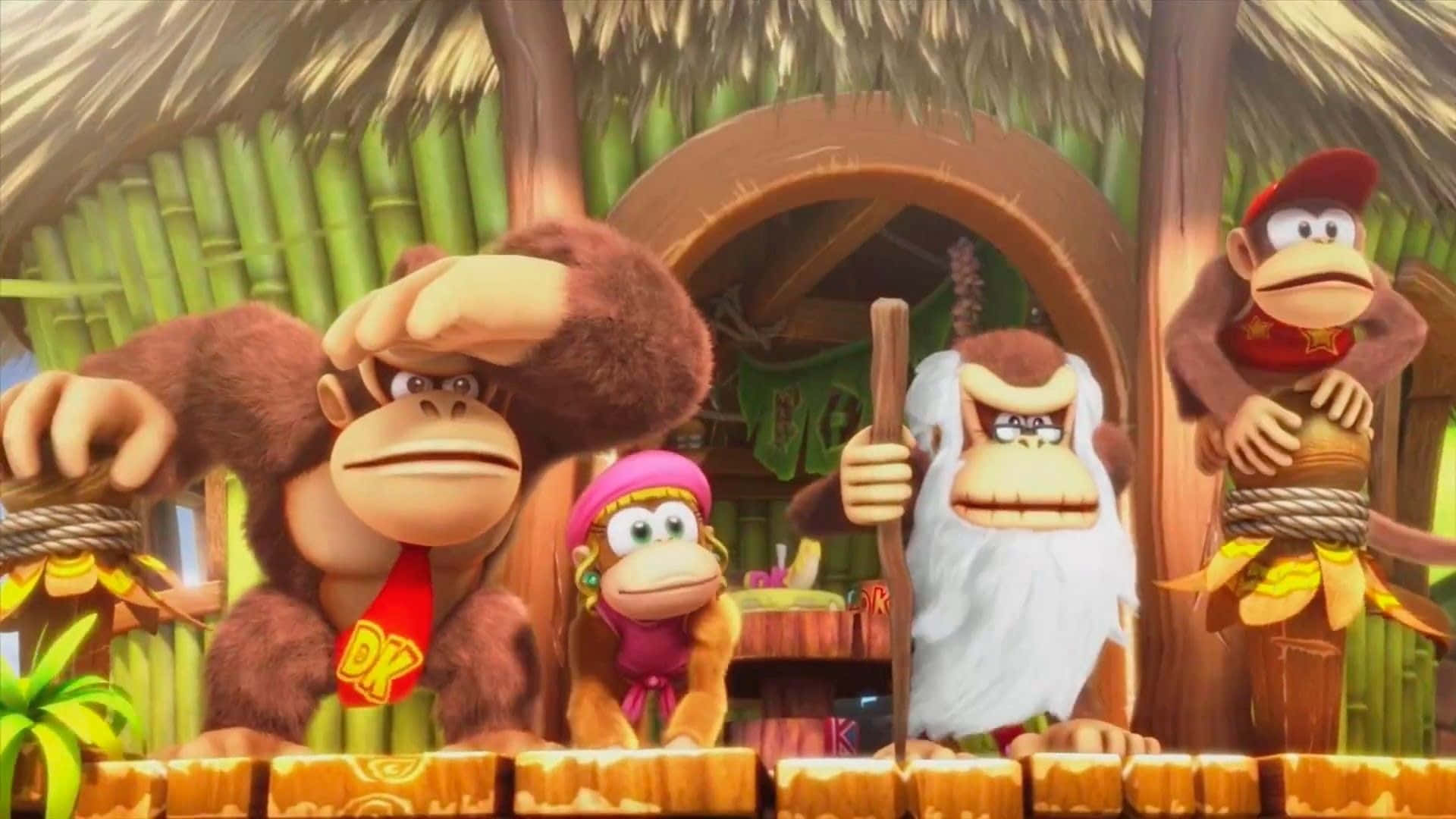 Diddy Kong, bamboo hut, thatched roof, Full HD Desktop Wallpaper