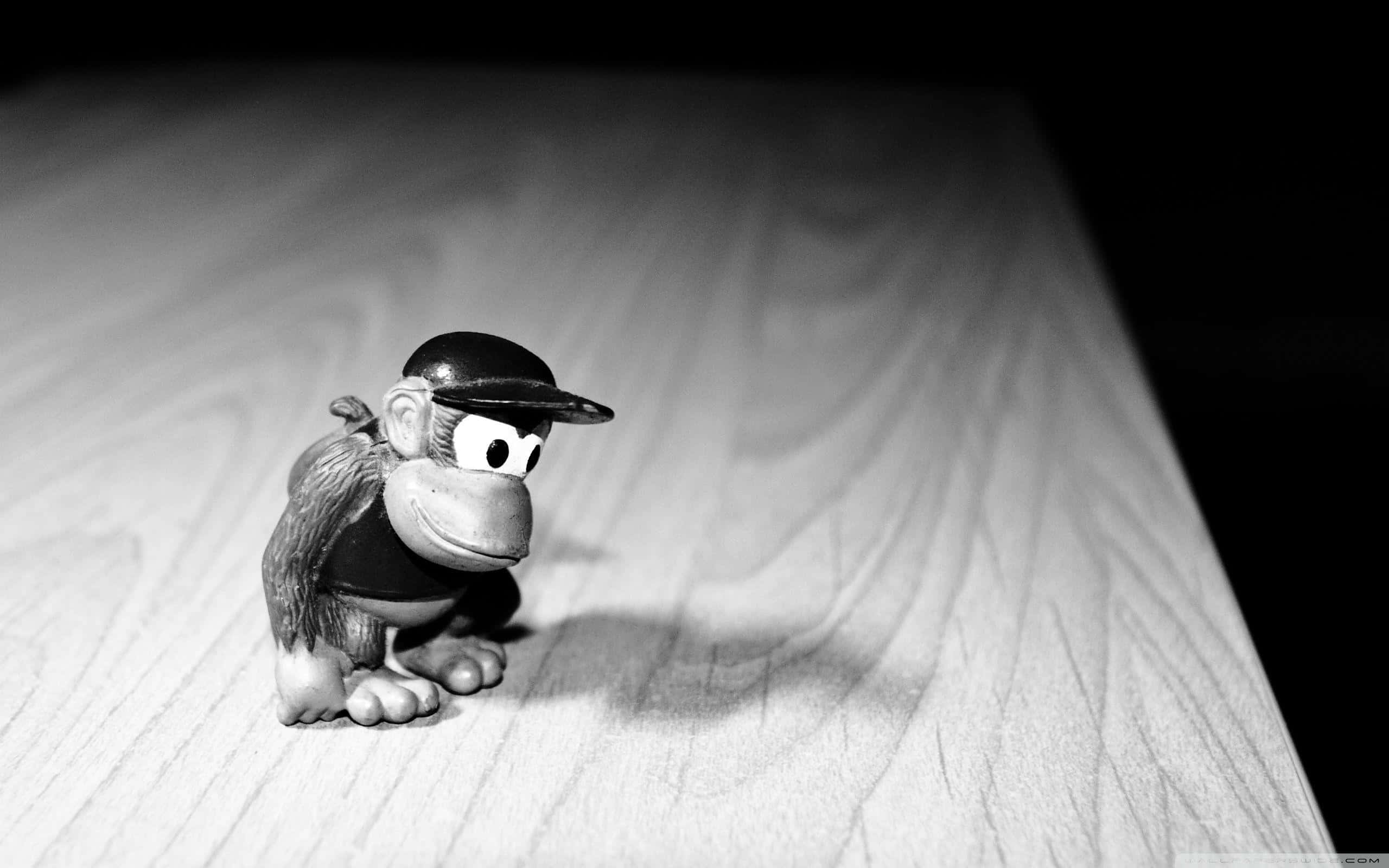 Diddy Kong, black and white photo, small monkey figurine, 2K Desktop Wallpaper