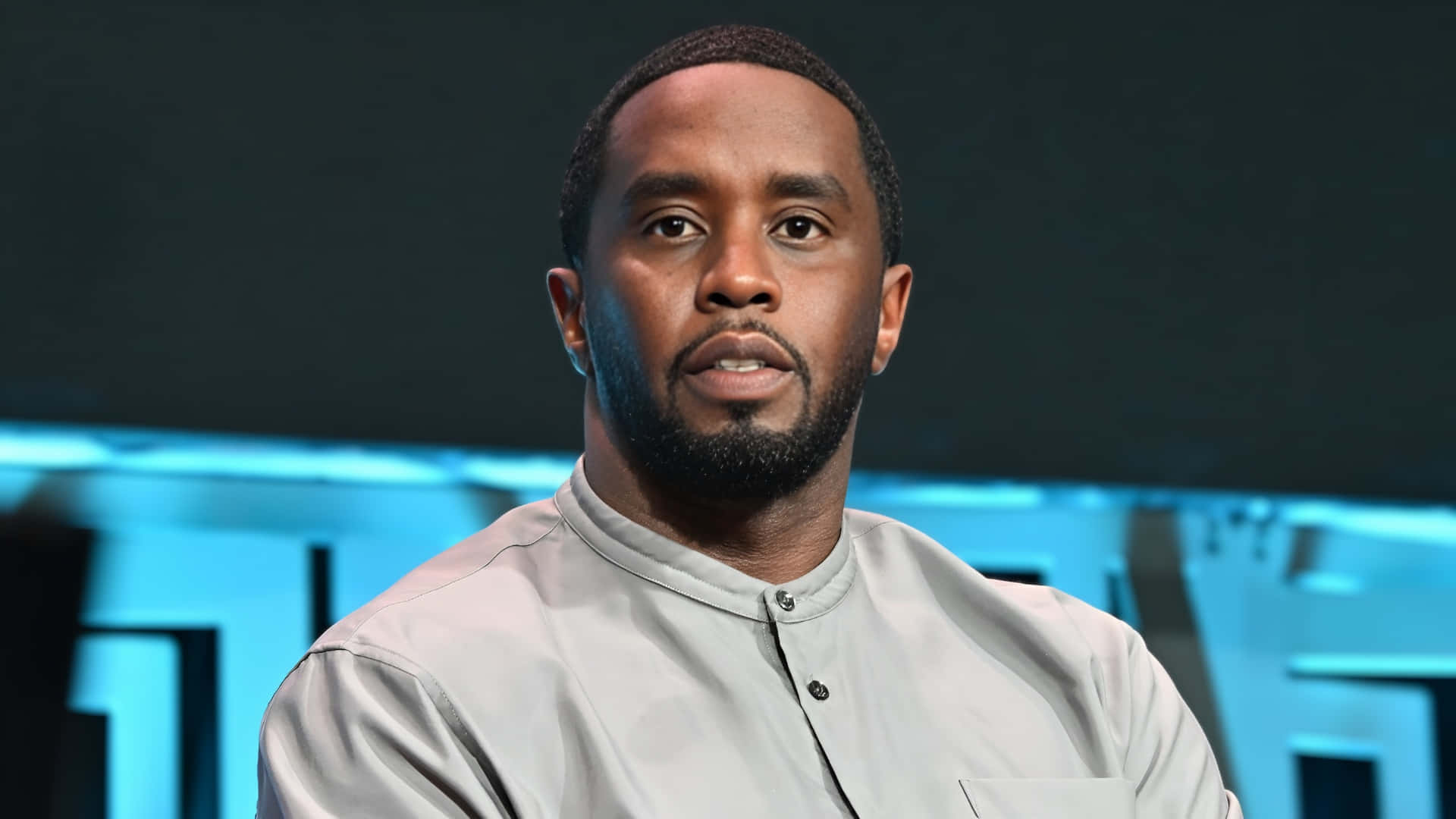 Diddy, light gray mandarin collar shirt, glowing blue lettering, Full HD Desktop Wallpaper