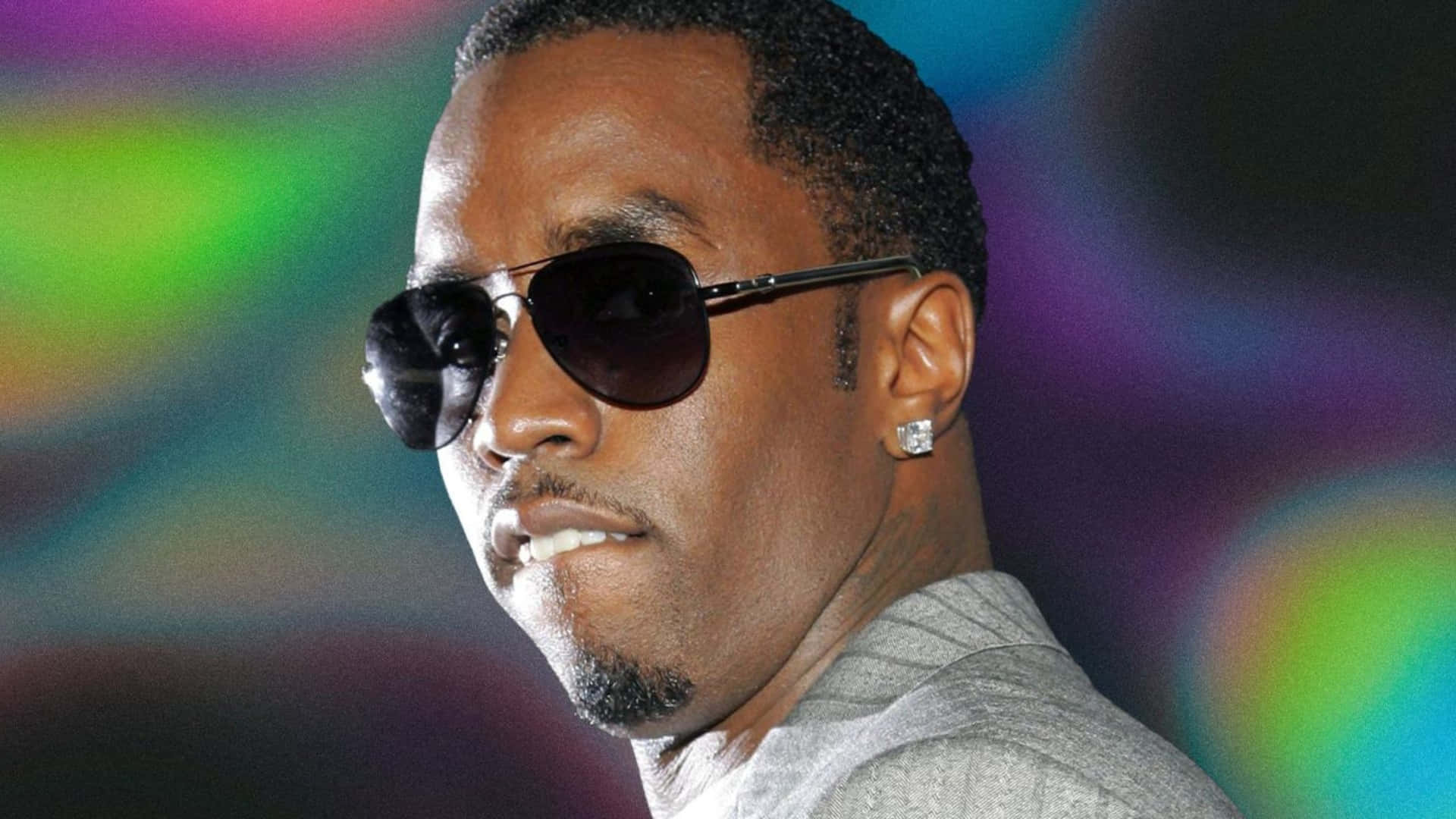 Diddy, aviator sunglasses, vibrant rainbow blurred background, Full HD Desktop Wallpaper