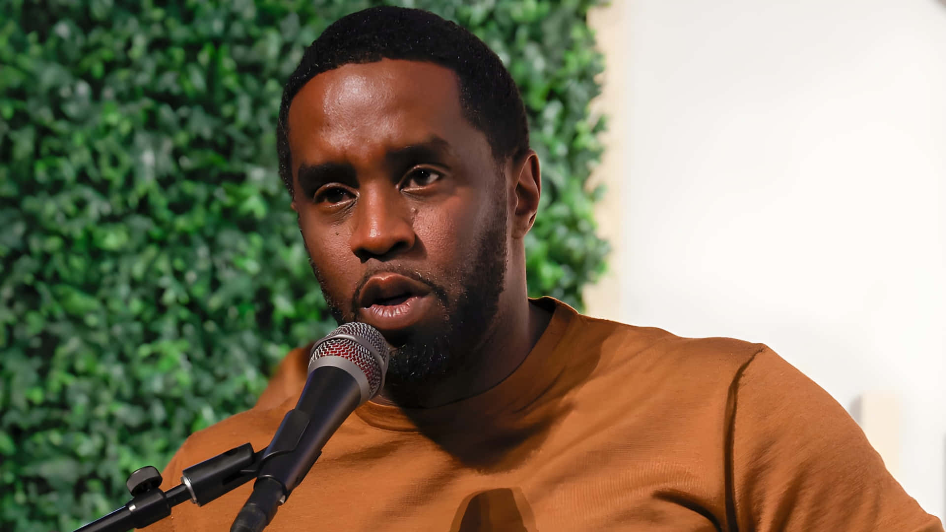 Diddy, microphone, green hedge wall, Full HD Desktop Wallpaper