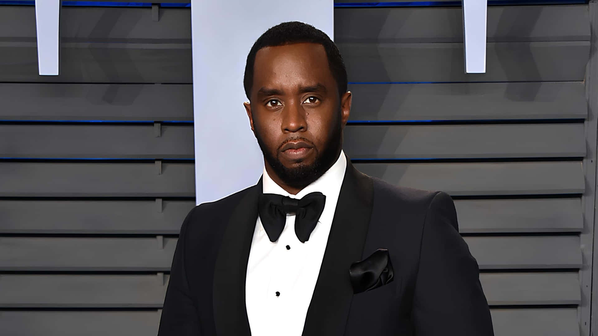Diddy, classic black tuxedo, gray slatted wall, Full HD Desktop Wallpaper