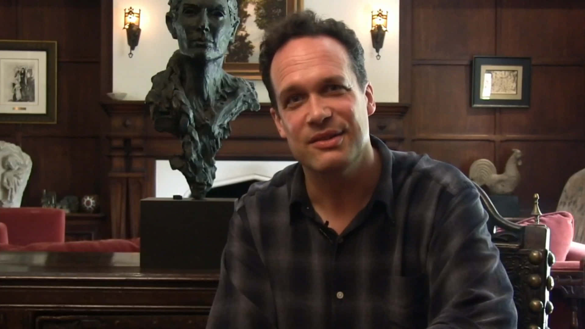 Diedrich Bader, plaid shirt, wood-paneled room, Full HD Desktop Wallpaper