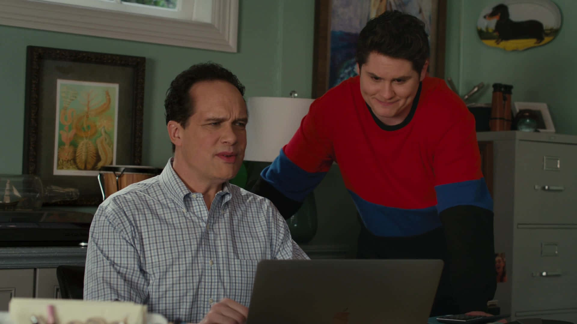 Diedrich Bader, plaid shirt, red blue sweater, Full HD Desktop Wallpaper