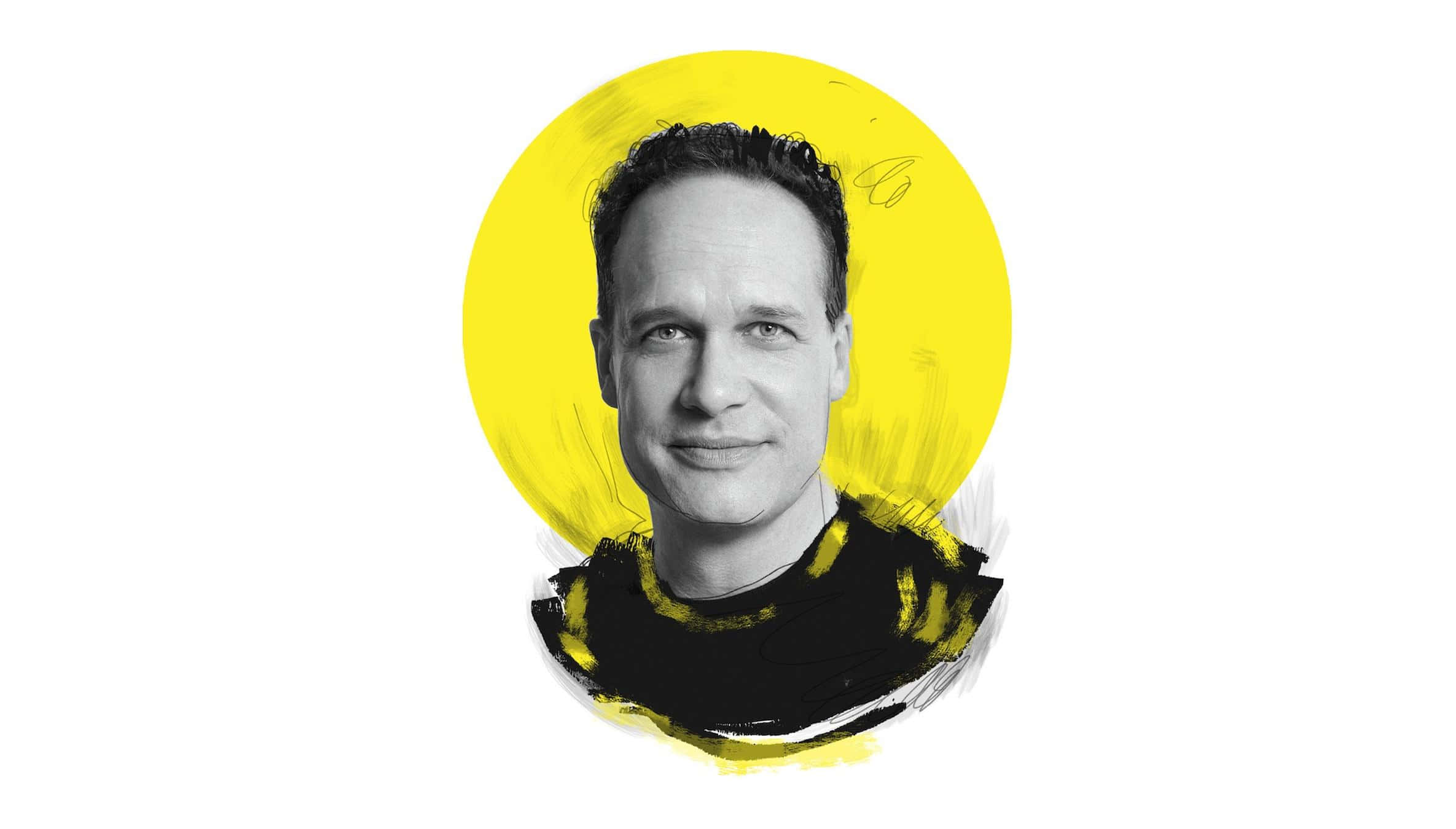 Diedrich Bader, yellow circular background, brushstroke texture, Full HD Desktop Wallpaper