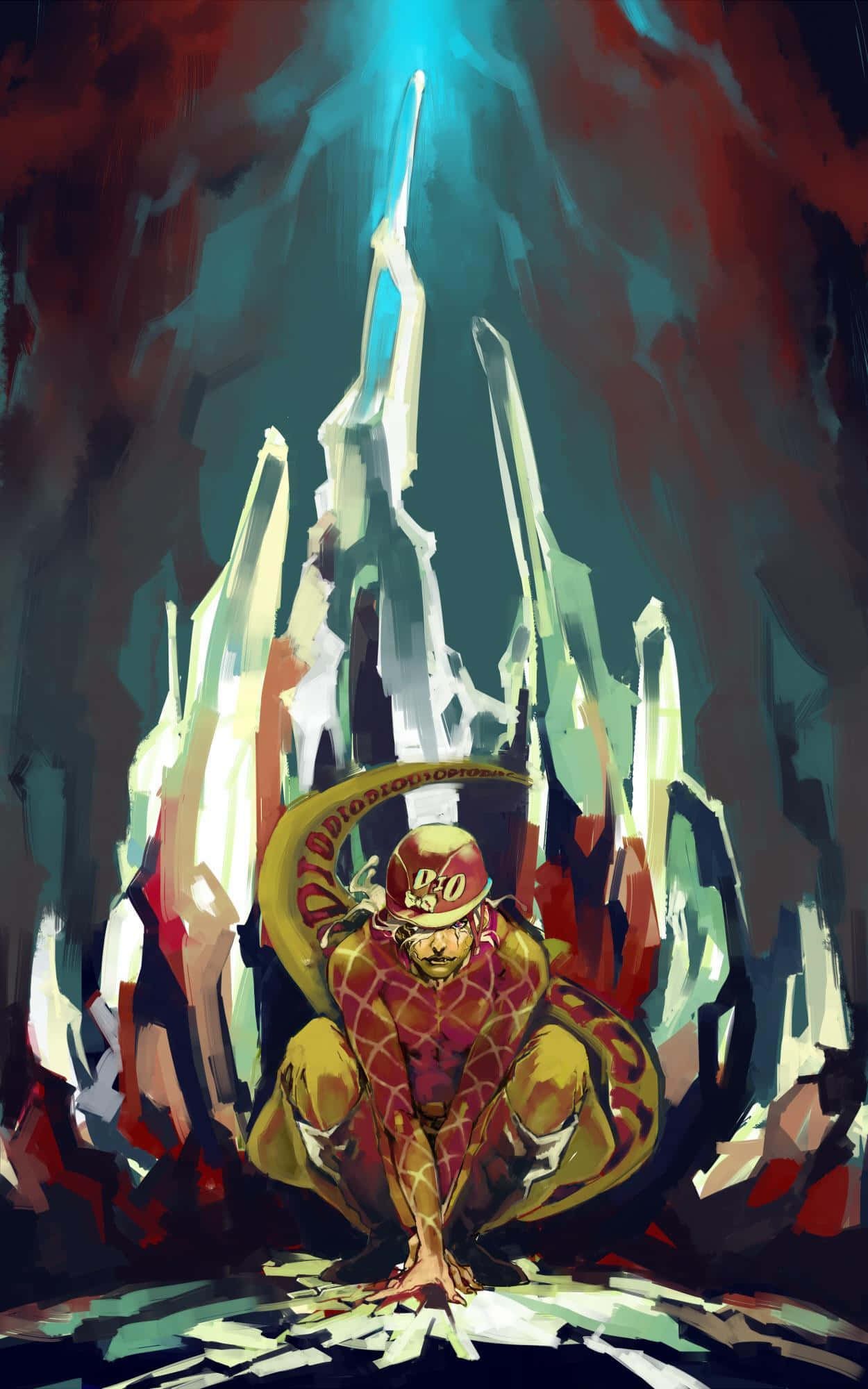 Diego Brando, red and gold armor, glowing crystal spires, Full HD Phone Wallpaper