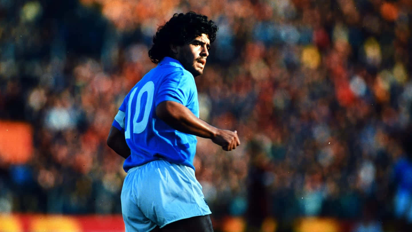 Diego Maradona, blue number 10 jersey, sunlit soccer field, HD Desktop Wallpaper