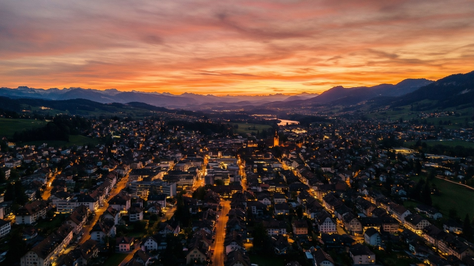Dietikon, sunset, aerial view, Full HD Desktop Wallpaper