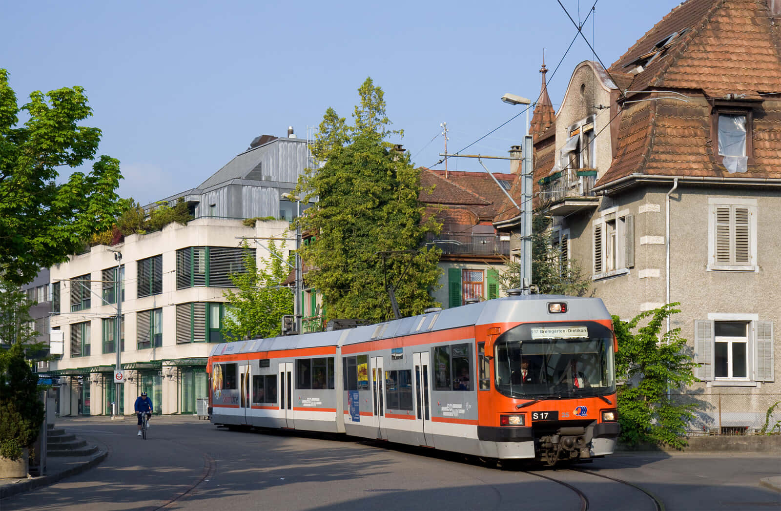 Dietikon, orange and silver tram, sunlit European street, HD Desktop Wallpaper