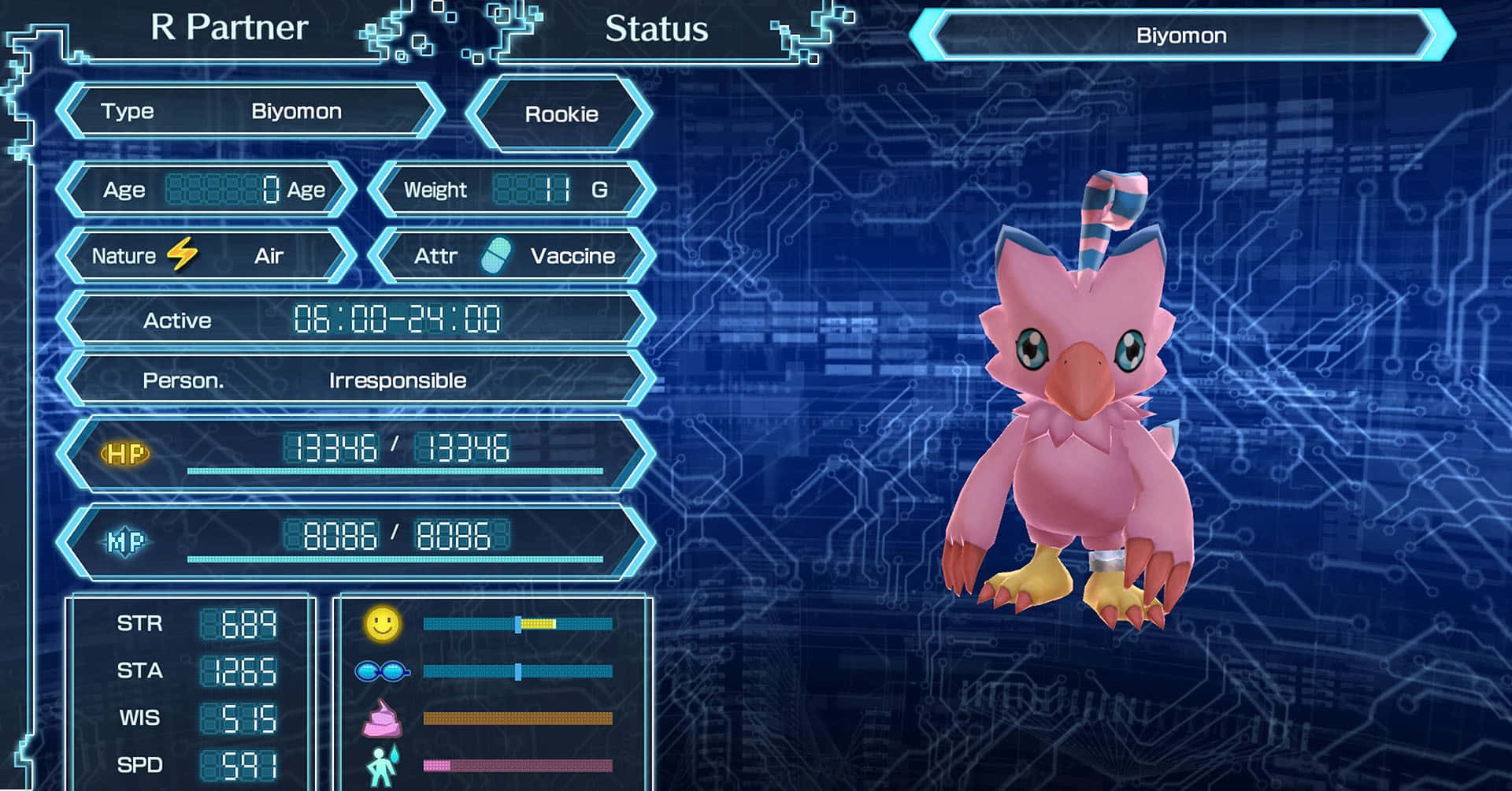 Biyomon, pink digital monster, blue circuit board background, Full HD Desktop Wallpaper