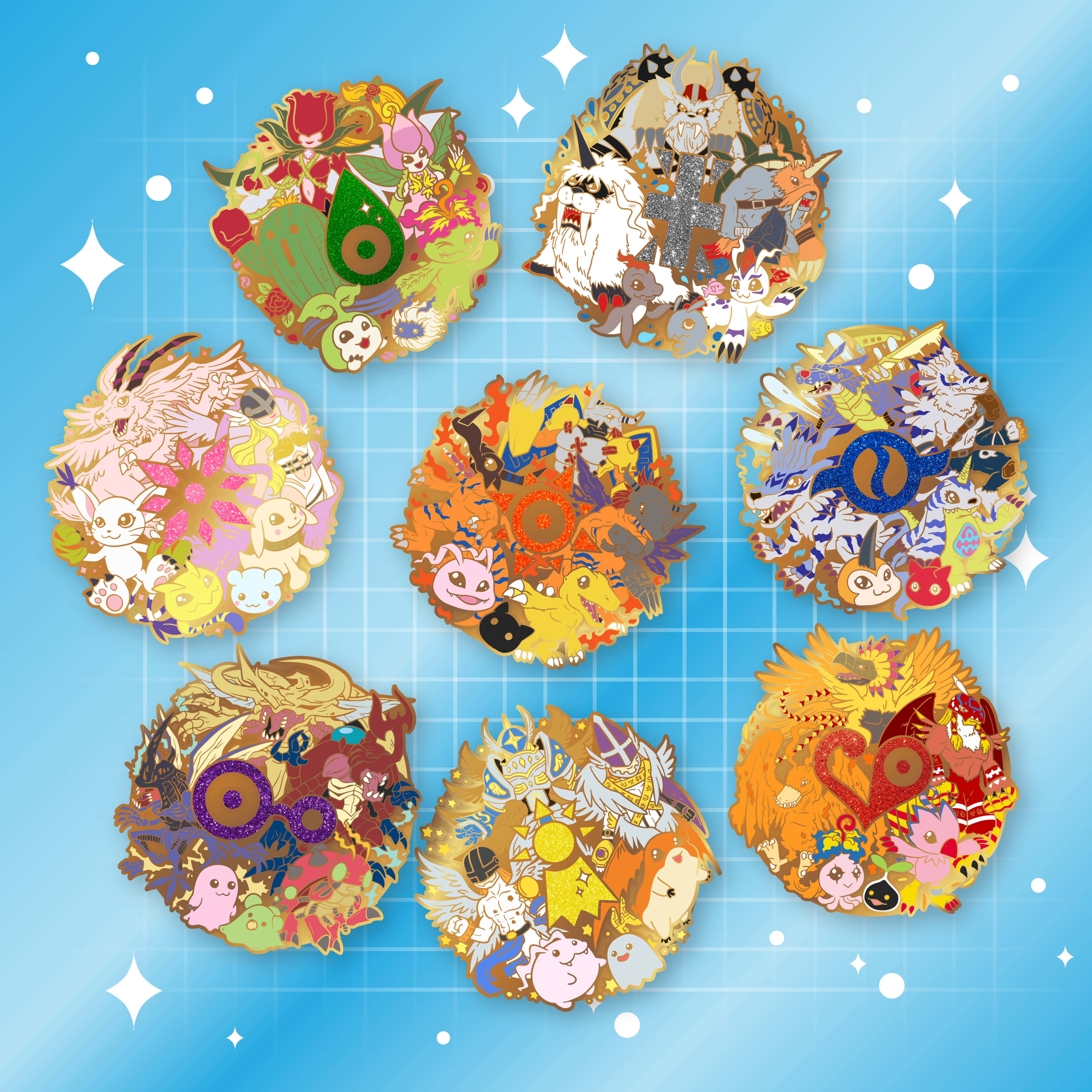 Palmon, anime-style characters, light blue grid background, 2K Desktop Wallpaper