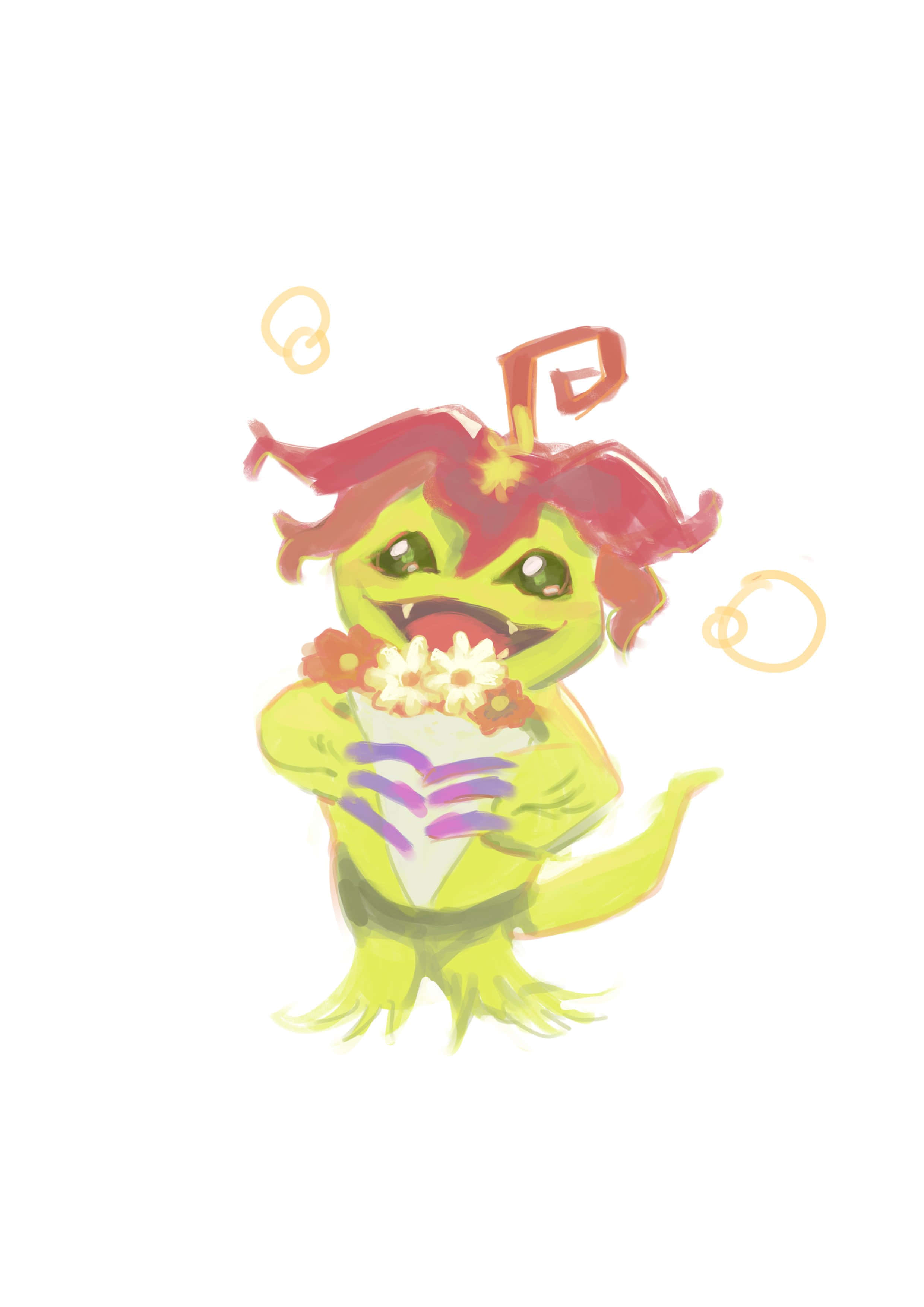 Palmon, blossoming digital monster, green cartoon creature, 2K Phone Wallpaper