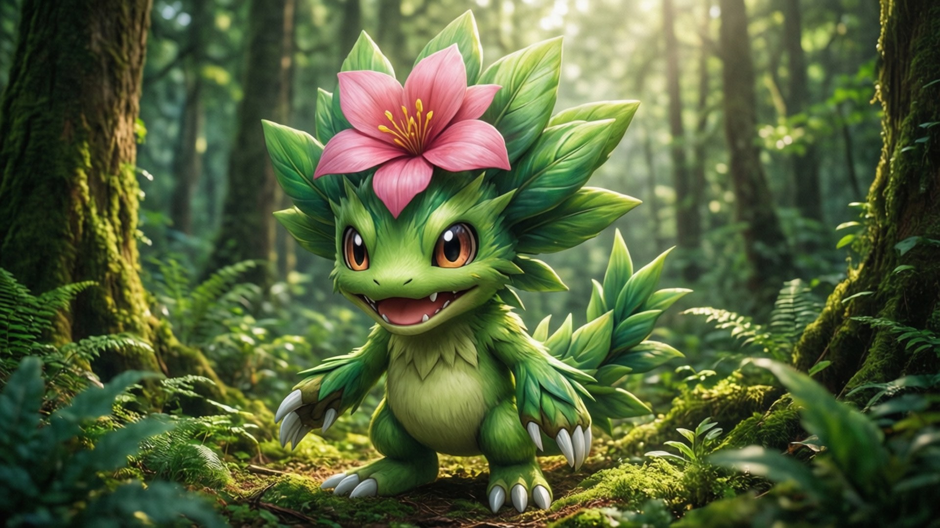 Forest Palmon, green dragon-like creature, pink flower, Full HD Desktop Wallpaper