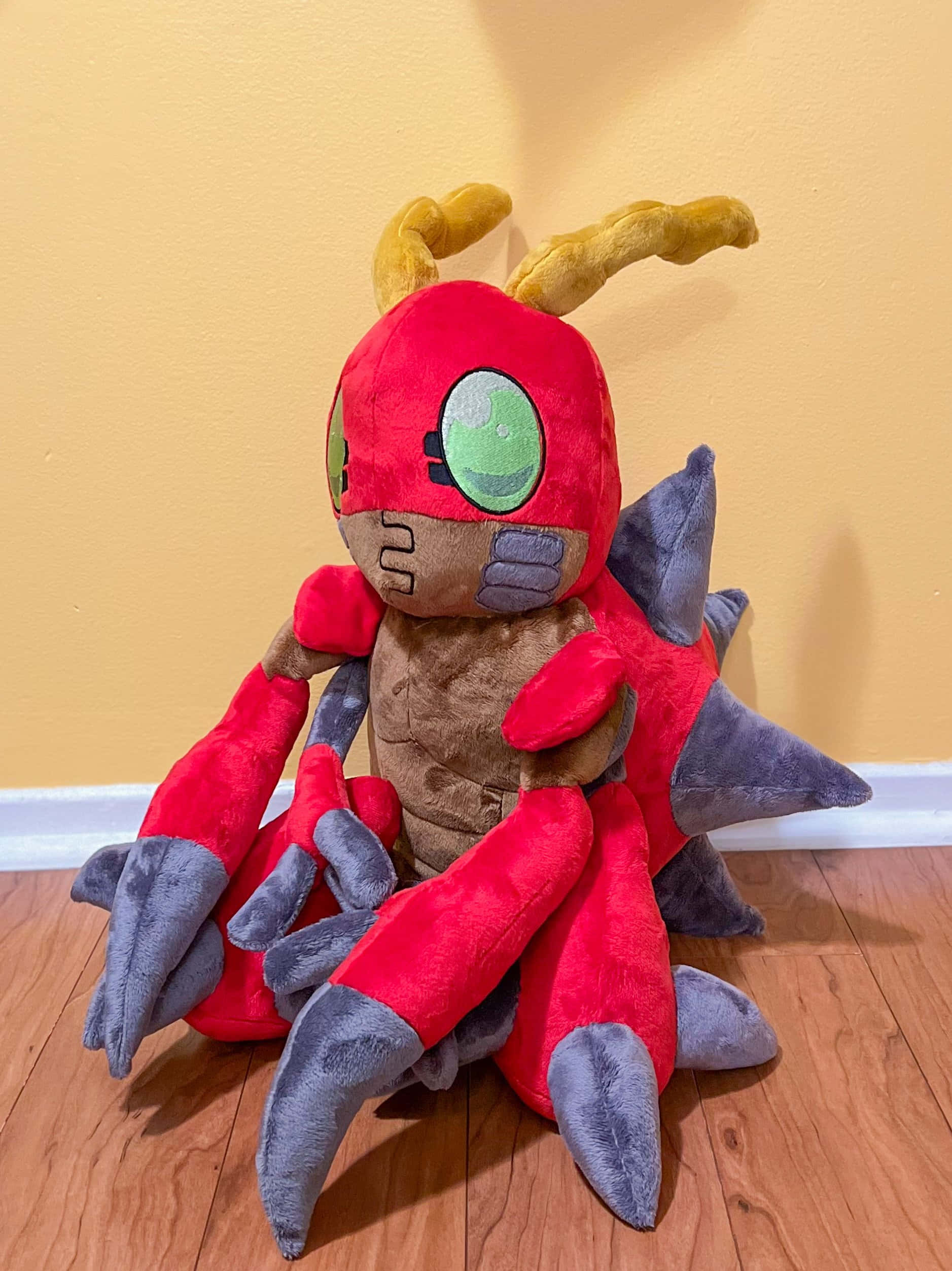 Tentomon, red and gray plush toy, green eyes, Full HD Phone Wallpaper
