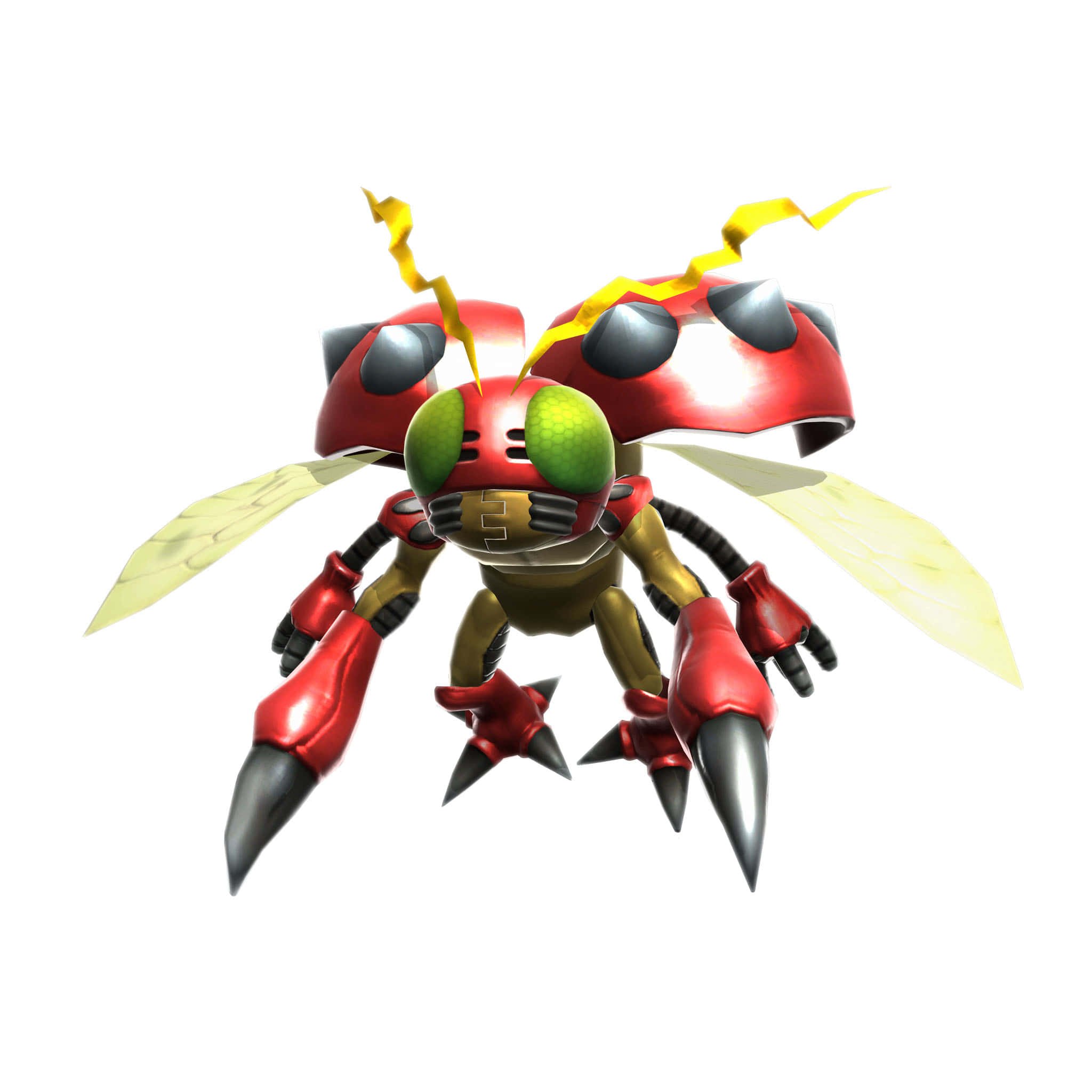 Tentomon, red and gold robotic insect, glowing green eyes, Full HD Desktop Wallpaper