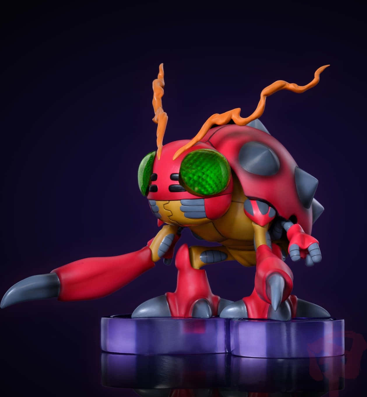Tentomon, red and orange digital monster figurine, glowing green eyes, HD Phone Wallpaper