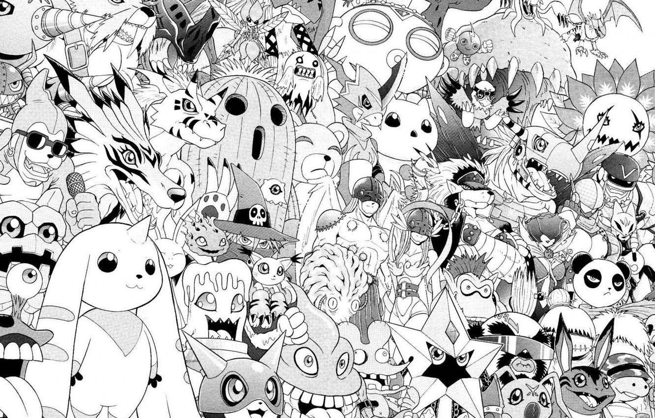 anime art, black and white, Digimon, HD Desktop Wallpaper
