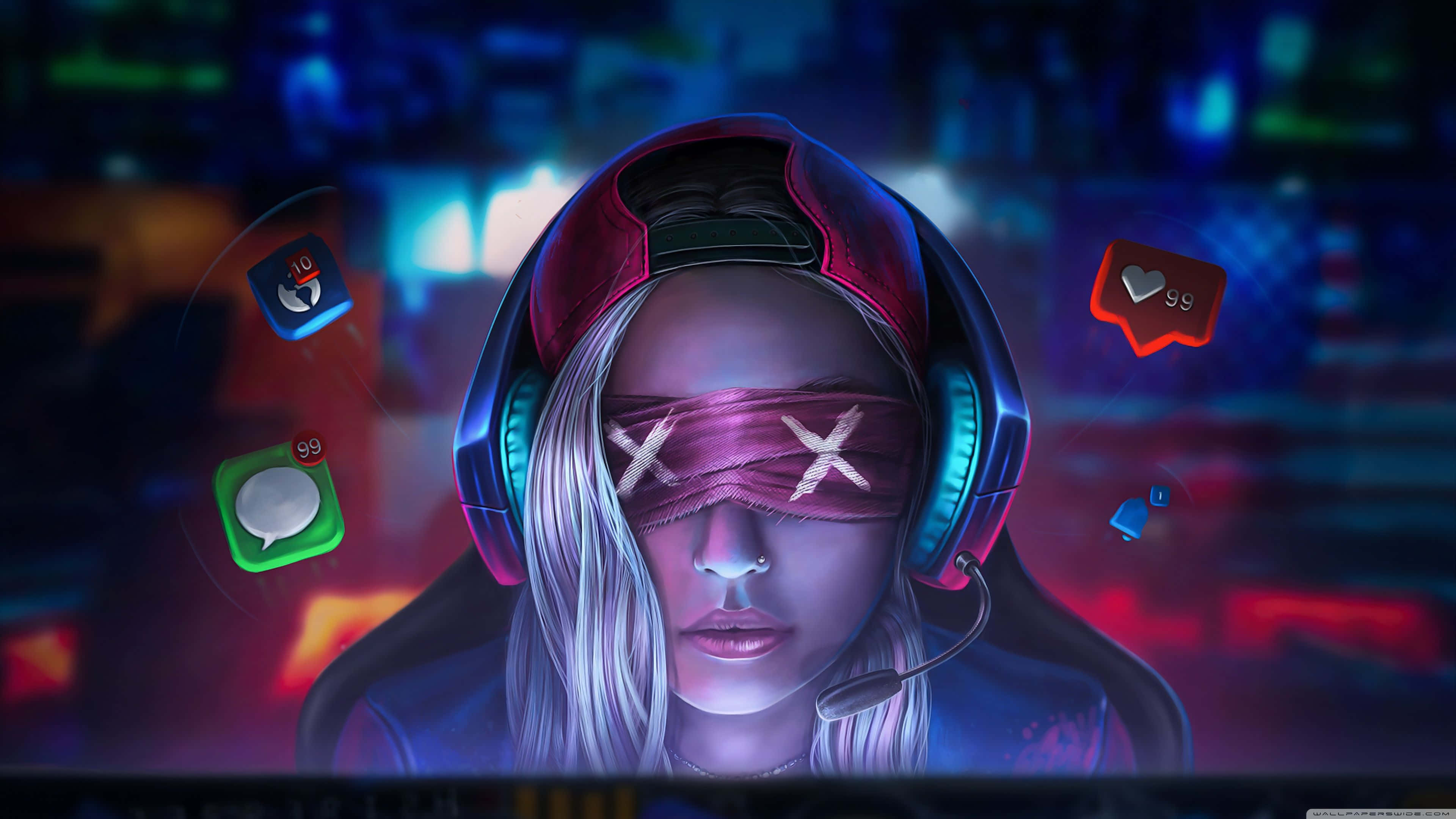 gamer, blindfold, headset, 4K Desktop Wallpaper