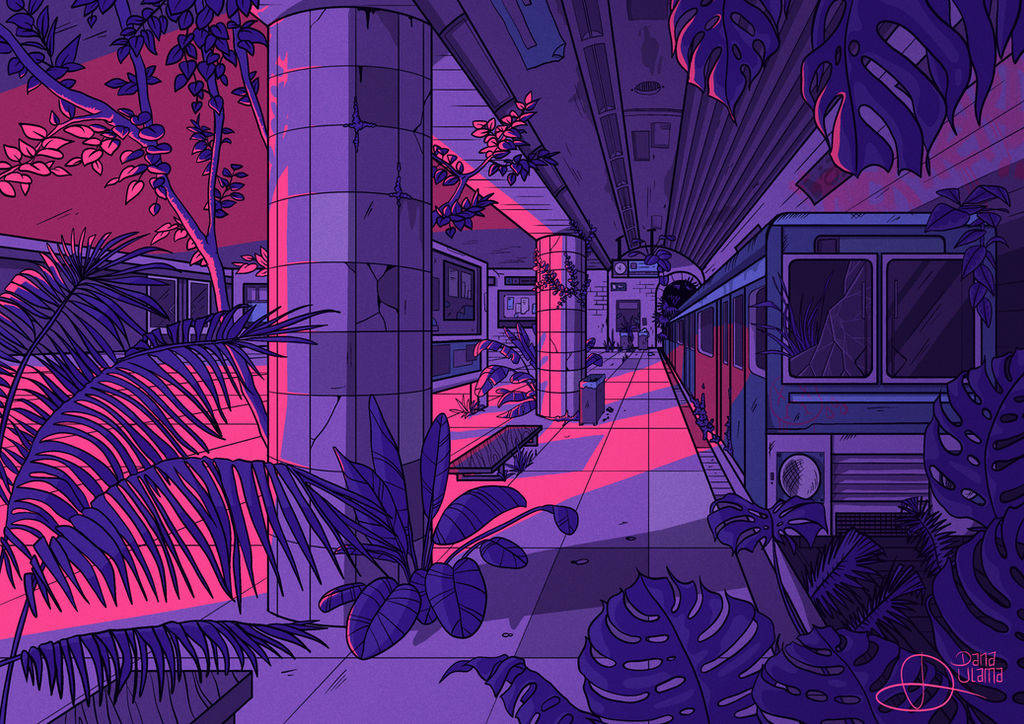 pink train station, vibrant purple and pink neon lights, lush tropical foliage, SD Desktop Wallpaper
