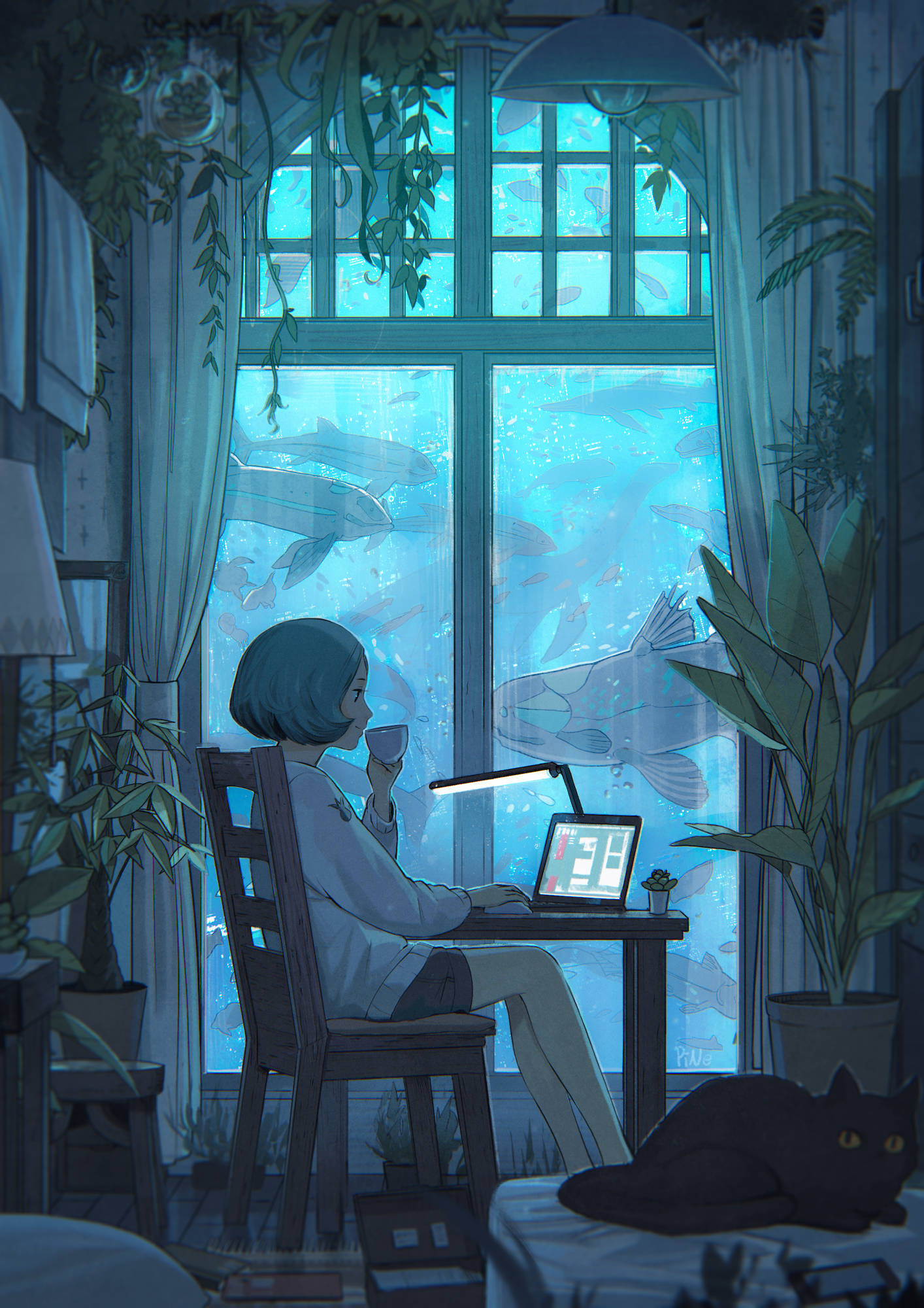 short blue hair, wooden desk, large window, Full HD Phone Wallpaper