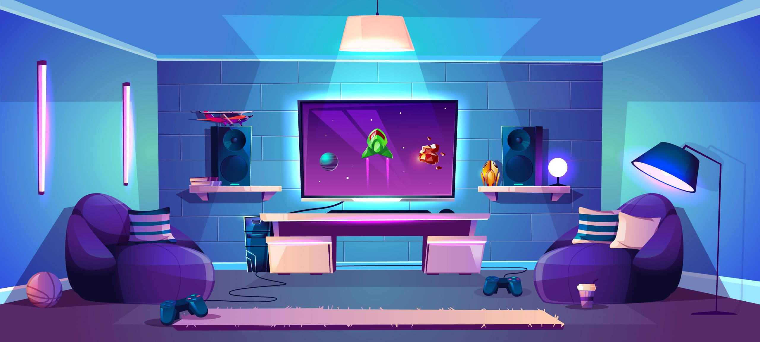 Gaming Room, purple bean bags, neon lights, 2K Desktop Wallpaper