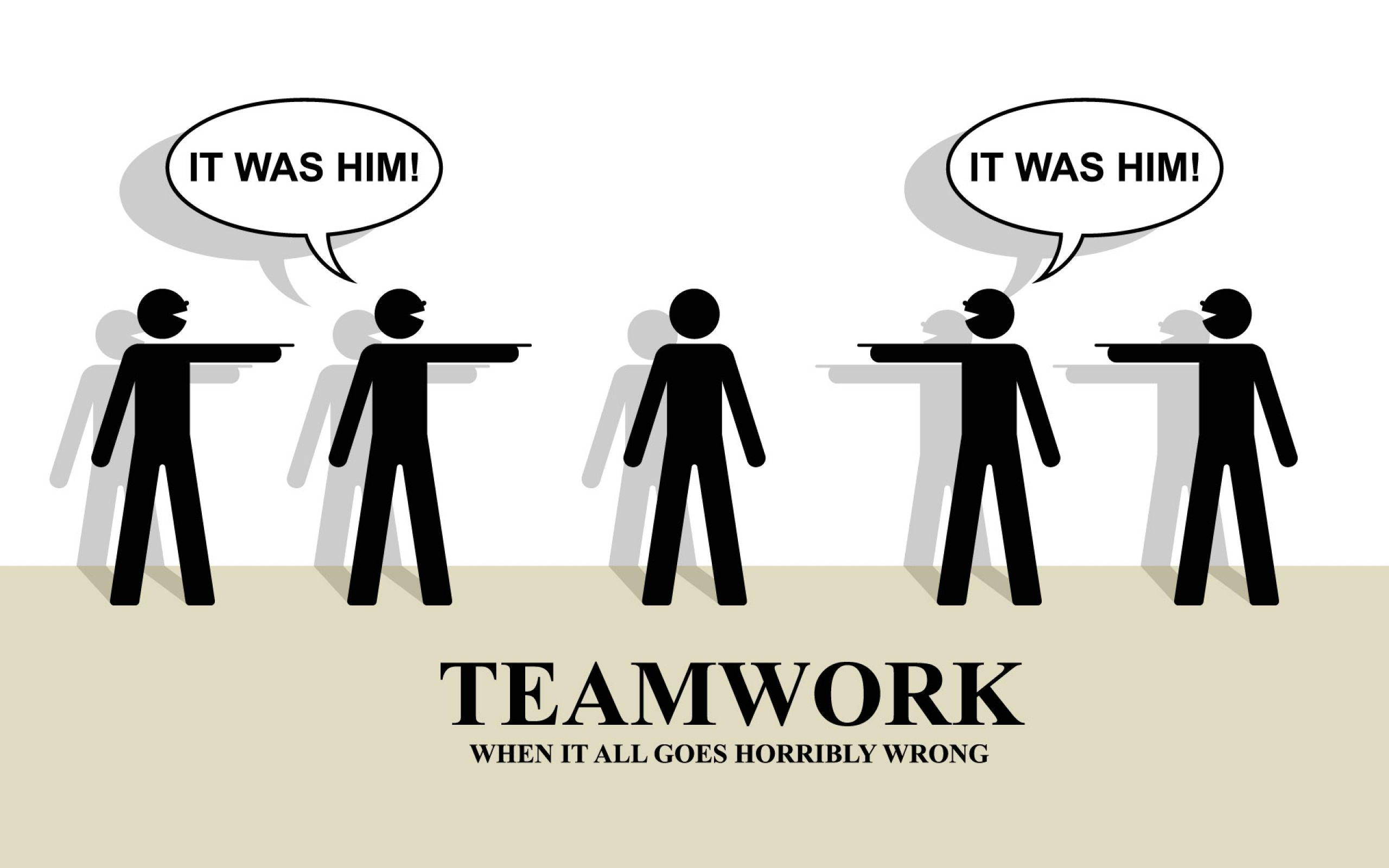 TEAMWORK WHEN IT ALL GOES HORRIBLY WRONG, black stick figures, speech bubbles, 2K Desktop Wallpaper