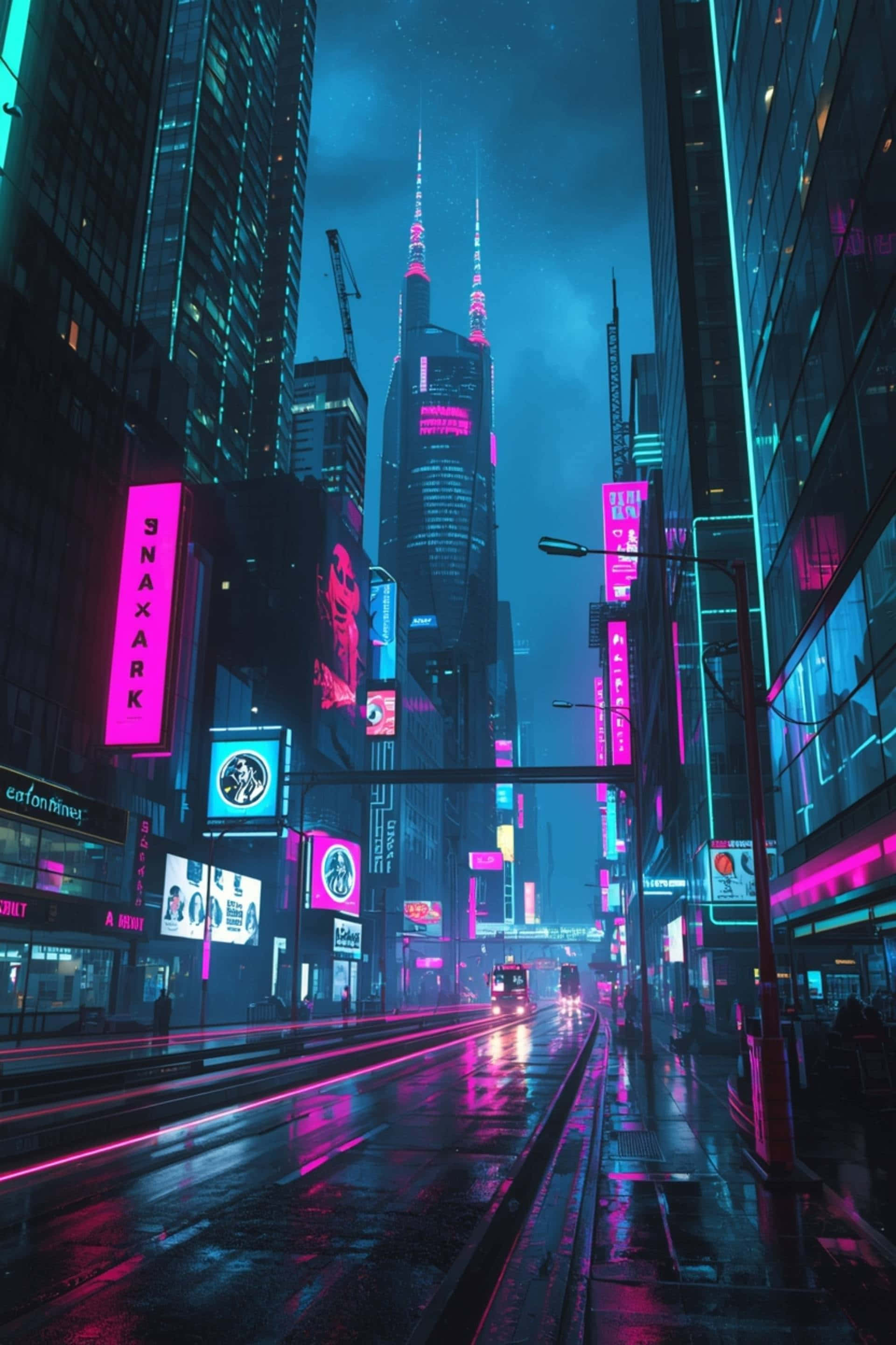 neon lit city street, towering skyscrapers, glowing pink and blue signs, 2K Phone Wallpaper